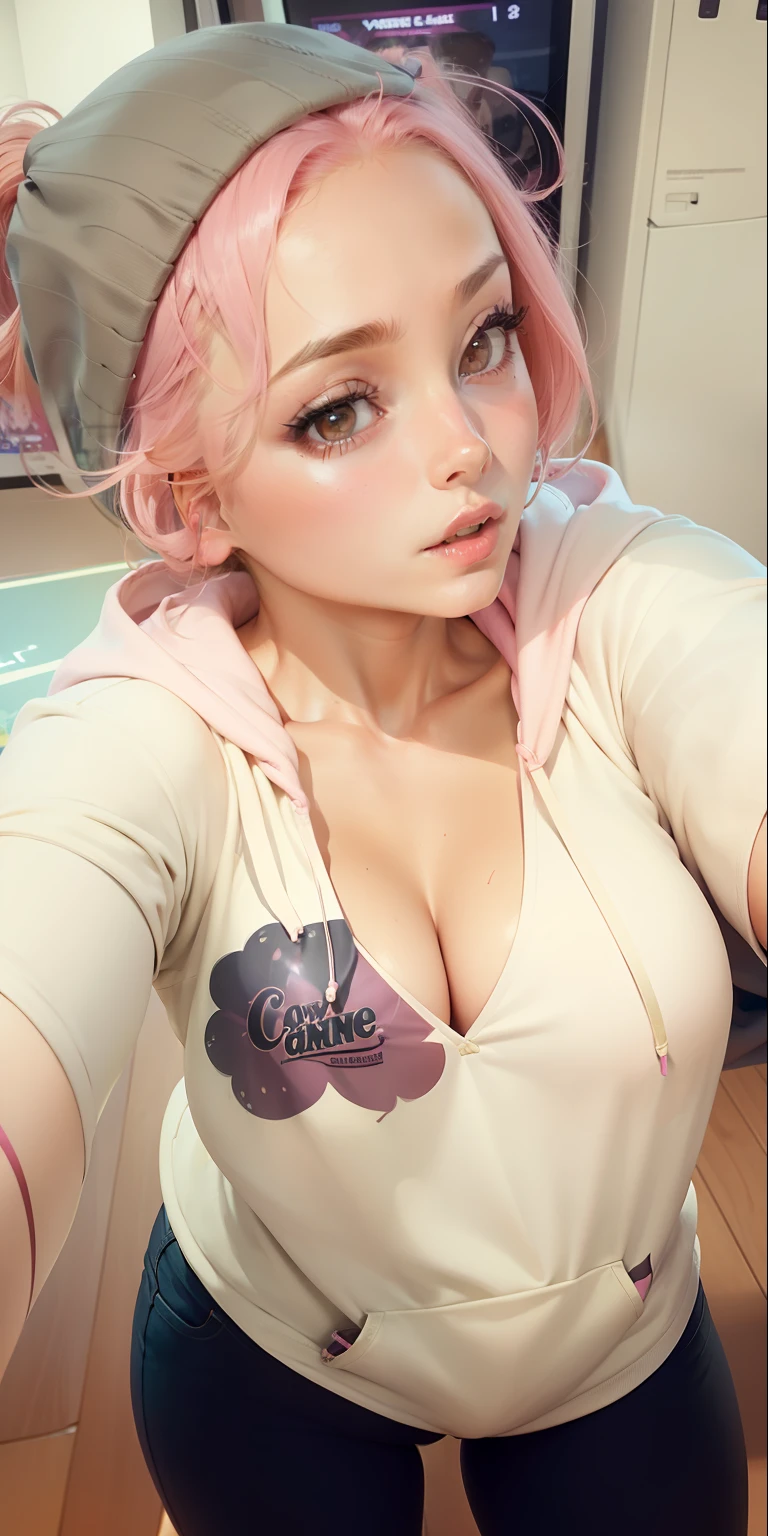 femme, (seins naturels, clivage), (Open pink hoodie), debout, (At the Game Center arcade), (Tir de cowboy)