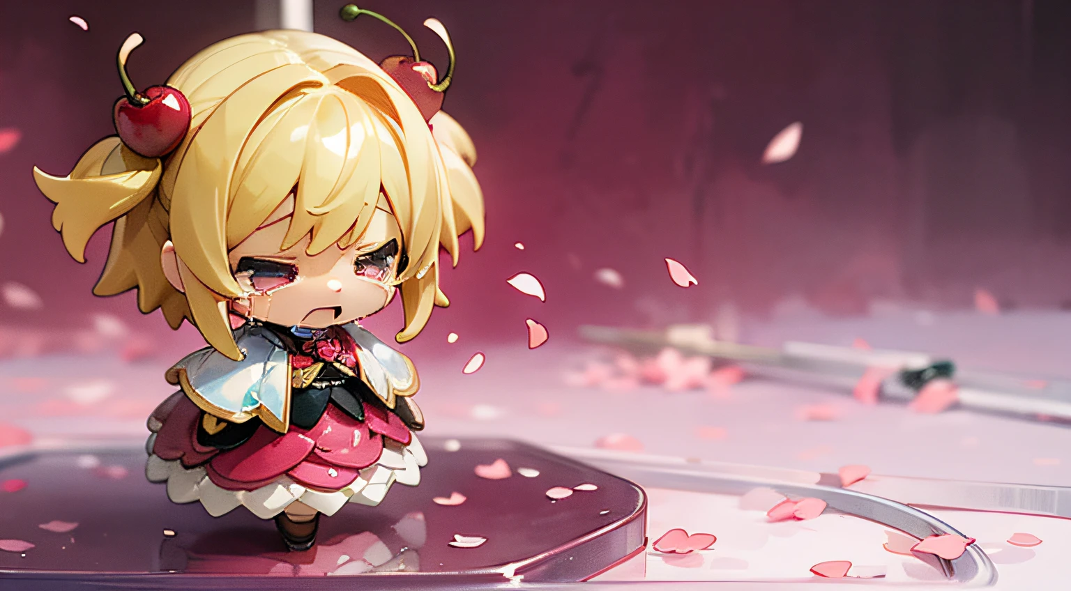(Blonde teardrop doll stand、(Crying face in high definition figure)+Pixiv no Sengai、Rococo atmosphere、dolfie dream watercolor nendoroid、Flowing cherry colored silk cherry blossom petals🌸)