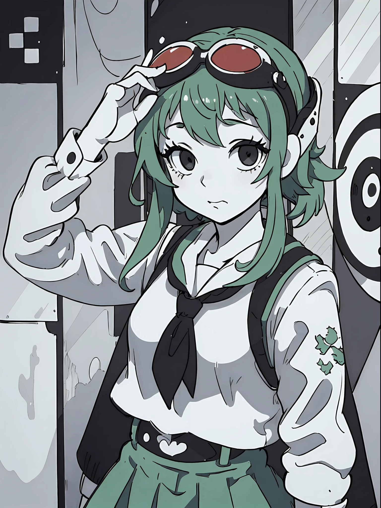 ((monochrome style)), masterpiece, best_quality, 1girl, solo, gumi, goggles on head, sailor suit, city, ECHO