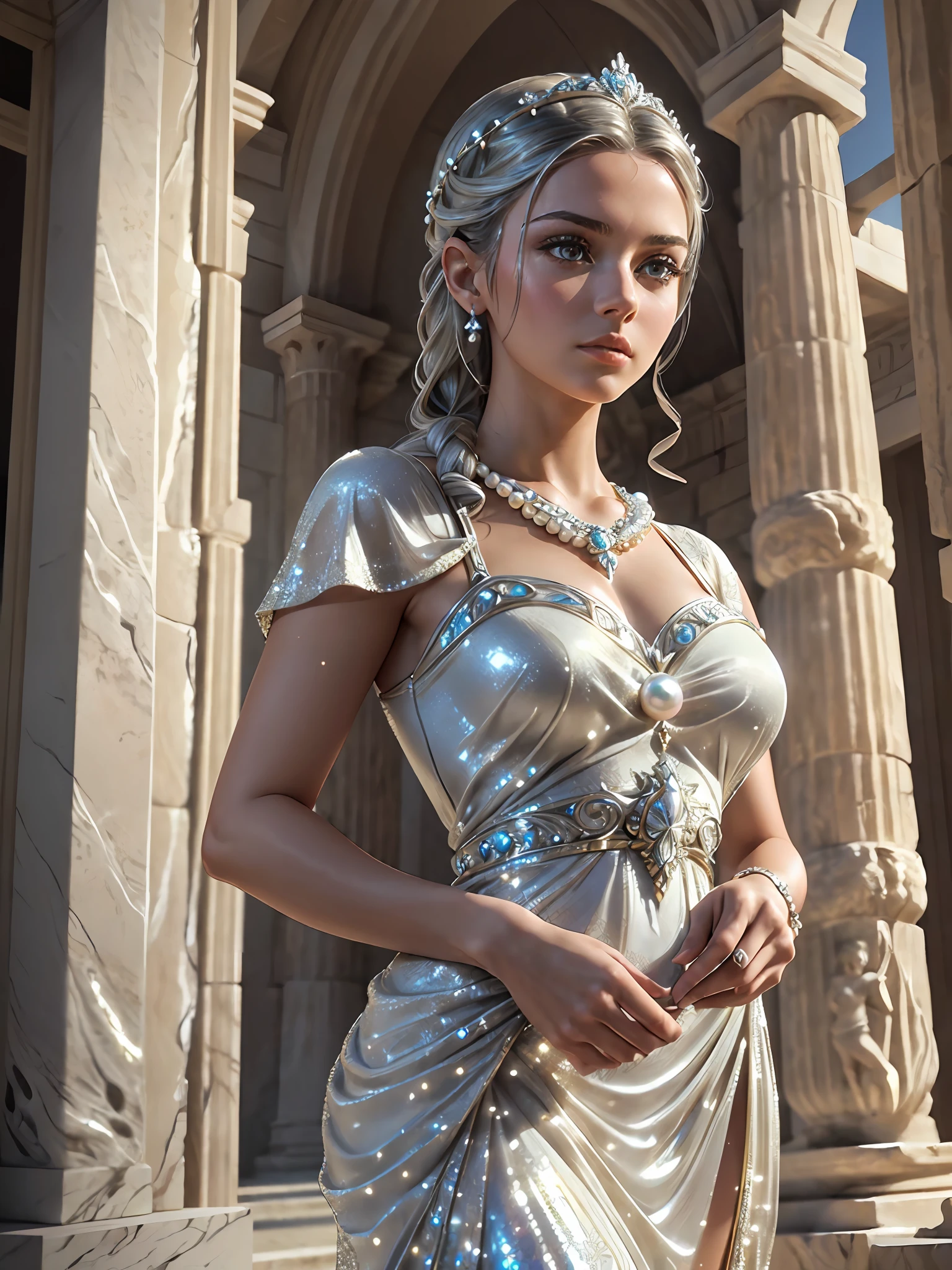 (masterpiece), (best quality), ((ultra-detailed)), (highly detailed analog style photo), natural lighting, photorealistic, extremely beautiful young lady in the marble rocks, dramatic pose, intricate detailed silver glittering ancient greek style pearl dress, shining, gloss, crisp, flirty, epic, focus, artistic, very bright, intricate hairstyle, pattern, bas-relief, cinematic shot
