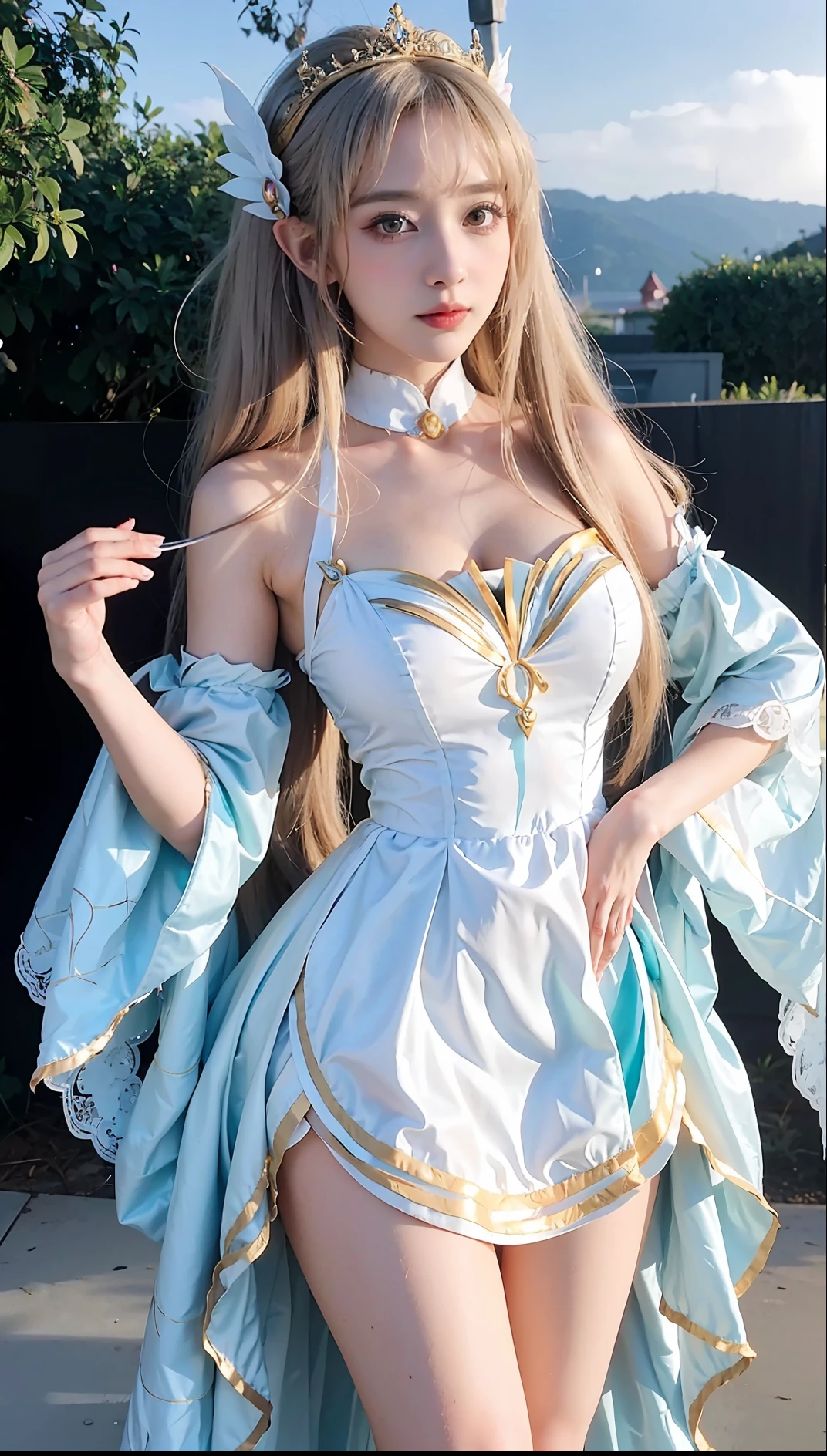 a close up of a woman in a costume posing for a picture, anime goddess, anime girl cosplay, cute anime waifu in a nice dress, anime cosplay, ornate cosplay, elegant glamourous cosplay, glamourous cosplay, anime princess, a beautiful fantasy empress, high quality costume, cosplay, loli in dress, fine details. anime, beautiful and elegant elf queen