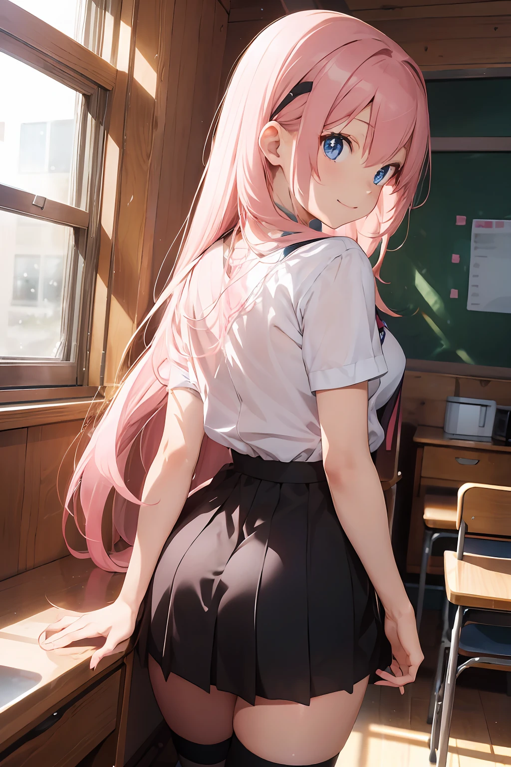masutepiece, Best Quality, super detailed, 8K_Wallpaper,A pink-haired,Very long hair, (Beautiful eyes), ((Cute)), Cute, (lovely), (School),3女の子,cleavage,thighs thighs thighs thighs,Mini skirt,,.3 school girls,high socks,, knee sox,Smile,,Striped panties,Back view,pixv art,Anime,gals,slim,slender,Indoor,Black eyes|Blue eyes,Back view