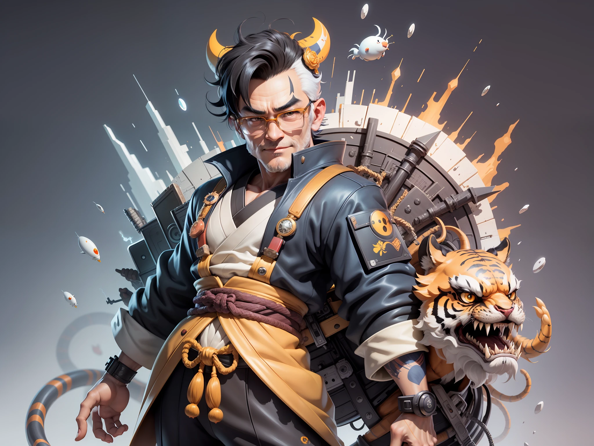 (Masterpiece), (Excellent), (Super Meticulous), (Full Body: 1.2), Super Young Man with Japanese Female Geisha, Pretty, Beautiful, Chinese Dragon, Tiger, Wind God Thor, Sexy, Bursting, Oriental Face, TV Anchor, Bust Portrait Illustration, Black Suit, Blue Tie, Slightly Chubby Face, Silver Glasses, Very Clean Face, No Beard on Chin, Black Super Short Hair, Black Eyes, Confident Smile, 3c Computer Sub-Products, iPad, iPhone, Digital Painting, 3D character design by Mark Clairedon and Pixar and Hayao Miyazaki and Akira Toriyama, the illustrations are HD illustrations in 4K resolution with highly detailed facial features and cartoon-style visuals.