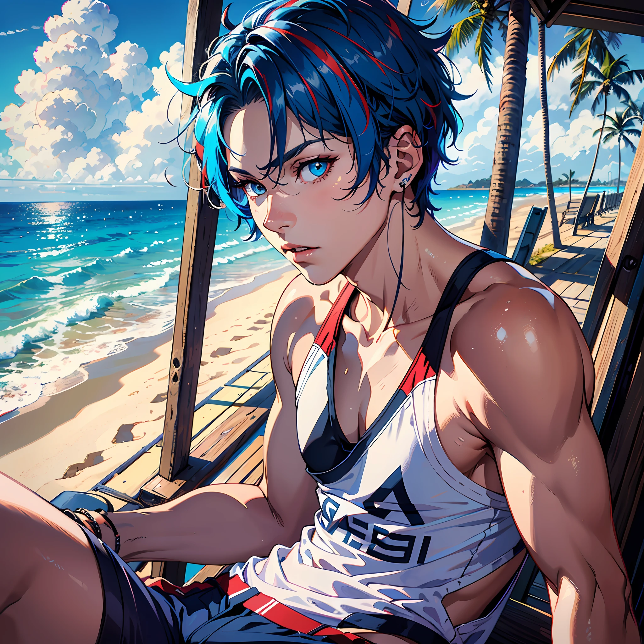 (absurdres, highres, ultra detailed),(Masterpiece, best quality:1.2),1boy,spiky blue hair, wearing shorts,beach, heterochromia,blue and red eyes,slim,beach volleyball, highest quality digital art, resolution, absolutely stunning art, extremely detailed eyes ,close up shot, handsome