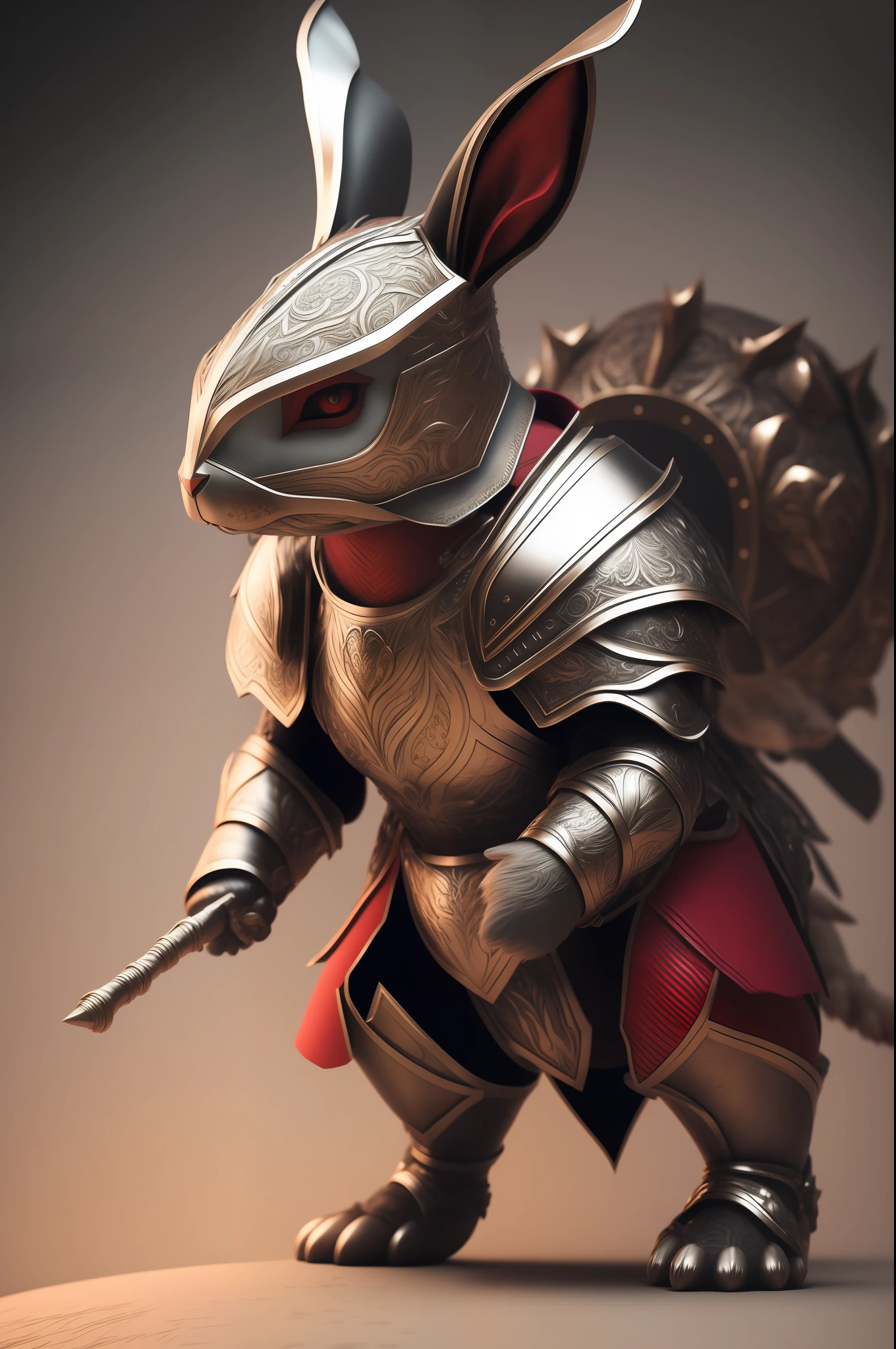 A stunning, detailed hyper-realistic 8k image of an anthropomorphic rabbit standing on two legs, vistiendo una armadura medieval completa hecha de metal, incluyendo un yelmo ornado con largas orejas de conejo. El conejo se ve feroz y listo para la batalla blandiendo una espada larga en una mano y un escudo decorado en la otra. The silver armor shines brightly with intricate engravings covering it. The rabbit has soft white hair and brown specks around its piercing crimson eyes. The image has dramatic lighting, foco nítido, and is made with a photorealistic style.