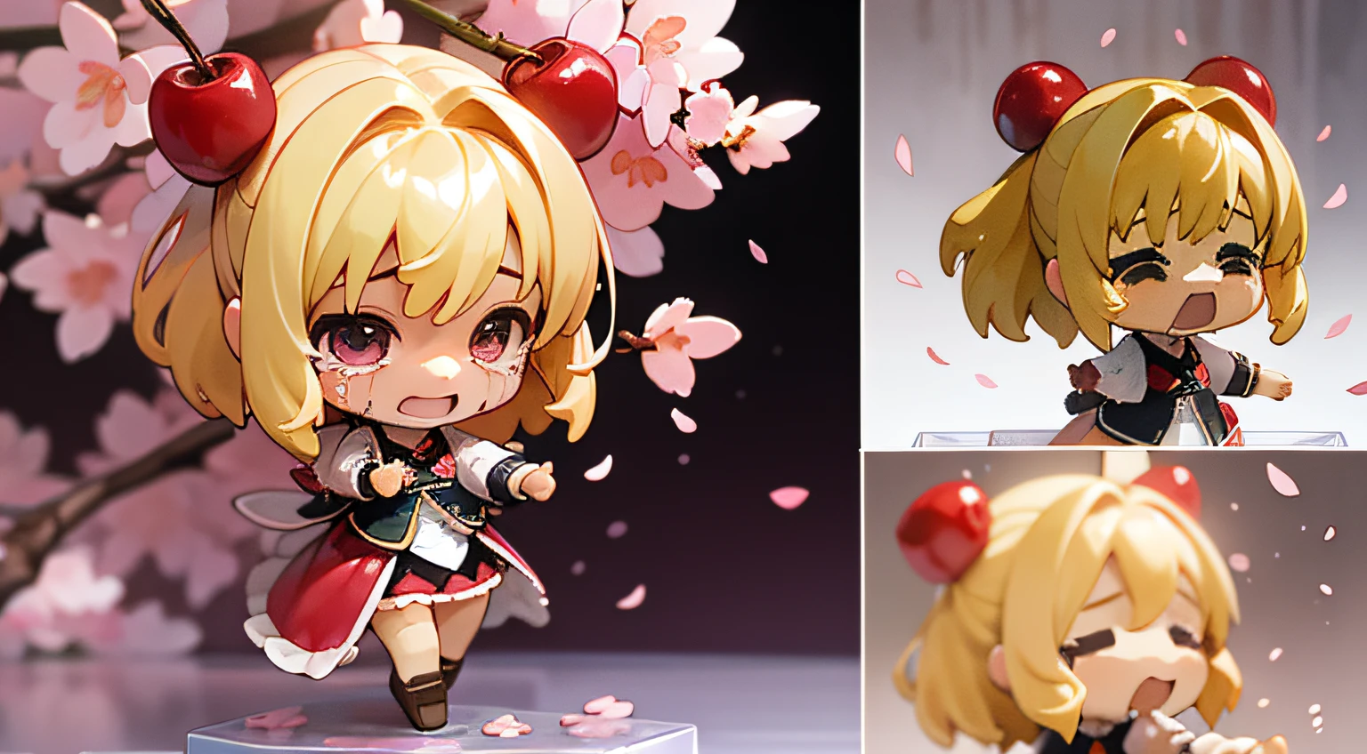 (Blonde teardrop doll stand、(Crying face in high definition figure)+Pixiv no Sengai、Rococo atmosphere、dolfie dream watercolor nendoroid、Flowing cherry colored silk cherry blossom petals🌸)