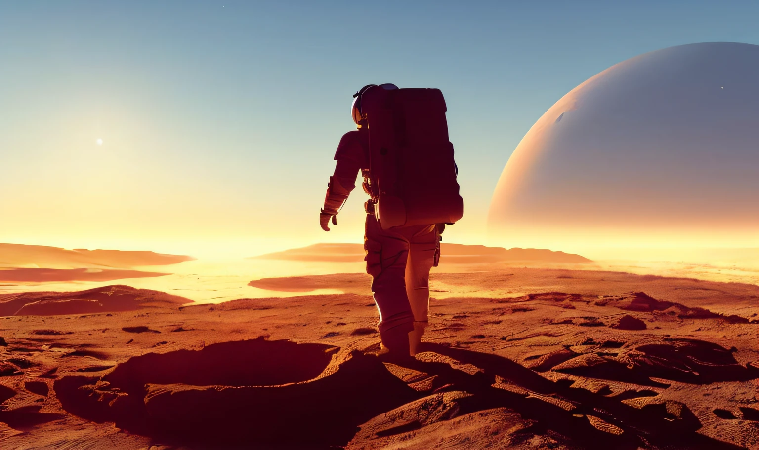 An astronaut stands on a rocky surface looking at an Arad view of a distant planet, standing on a martian landscape, astronaut stranded on planet, overlooking martian landscape, on another planet, astronaut walking, On the surface of Mars, On a distant desert planet, On an alien planet, On the orange surface of Mars, Inside an otherworldly planet, on a far planet