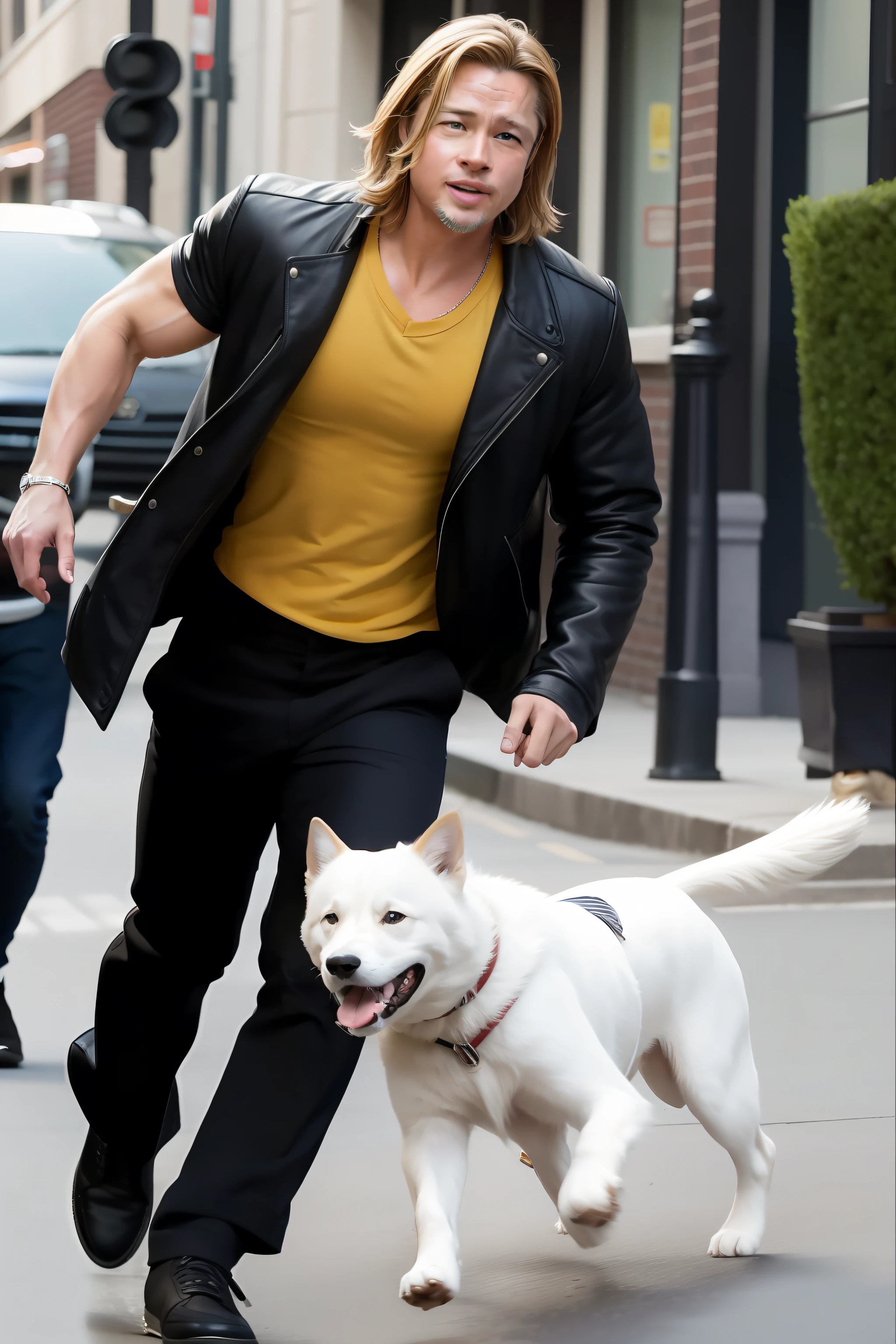 comic style, brad pitt chasing a dog