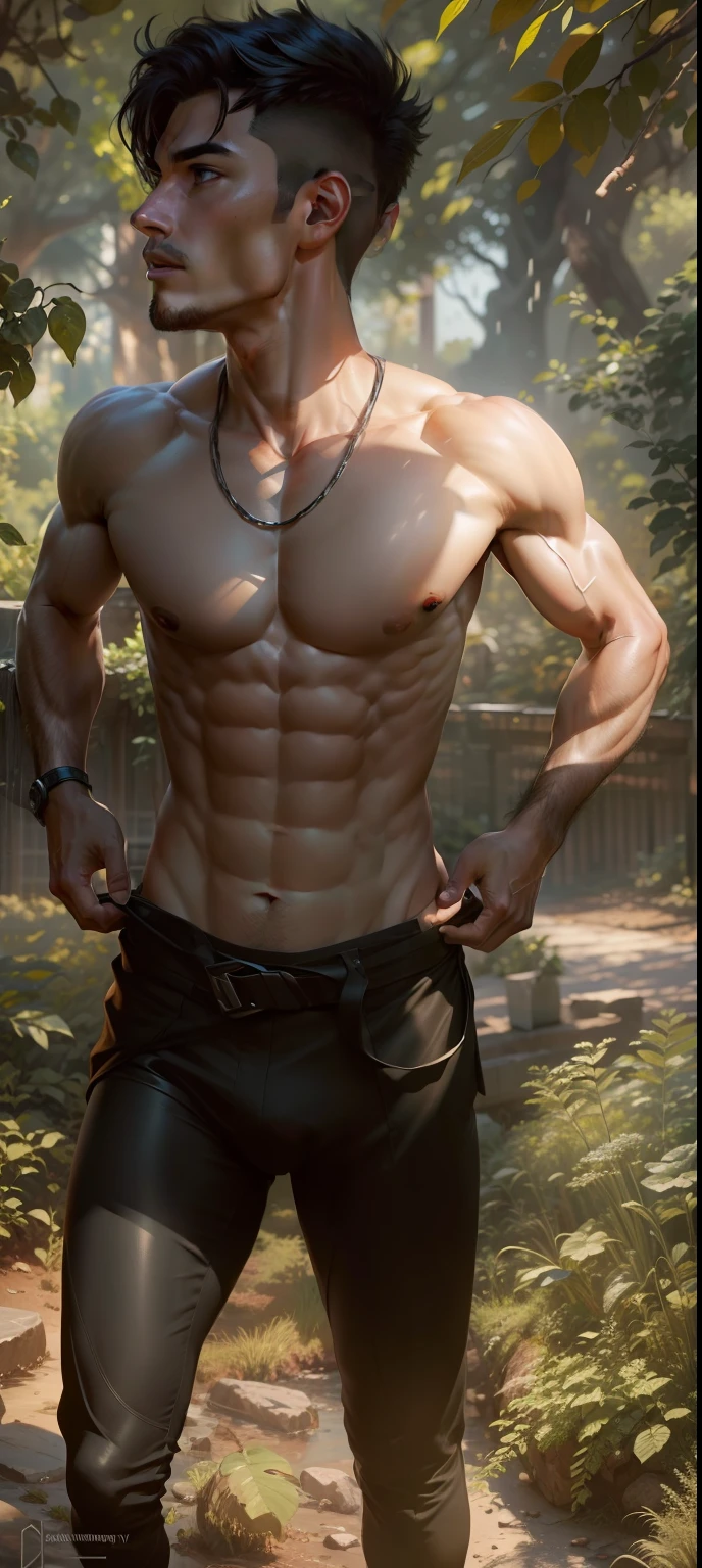 1man, a 20-year-old muscular man, wears a black suit, bodice, soft lighting, masterpiece, best quality, 8k ultra high definition, DSLR camera, film grain, Midjourney and greg rutkowski's Fujifilm XT3 realistic drawing art