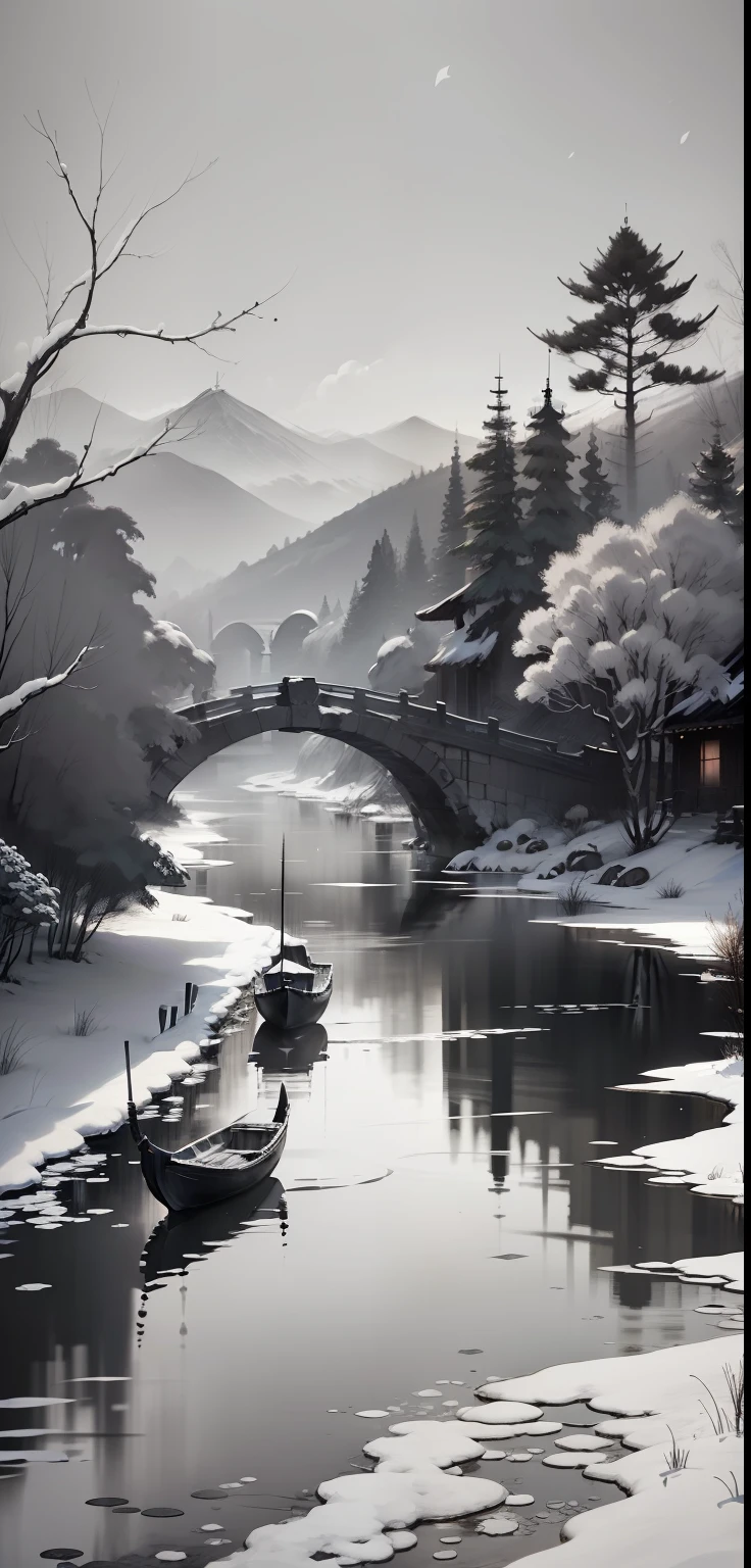 Black and white Chinese ink painting,water ink,ink,Smudge,Lonely boats,Fishing alone in the cold river snow,Empty river,Ethereal breath,Beautiful artistic conception,Ancient Chinese poetry