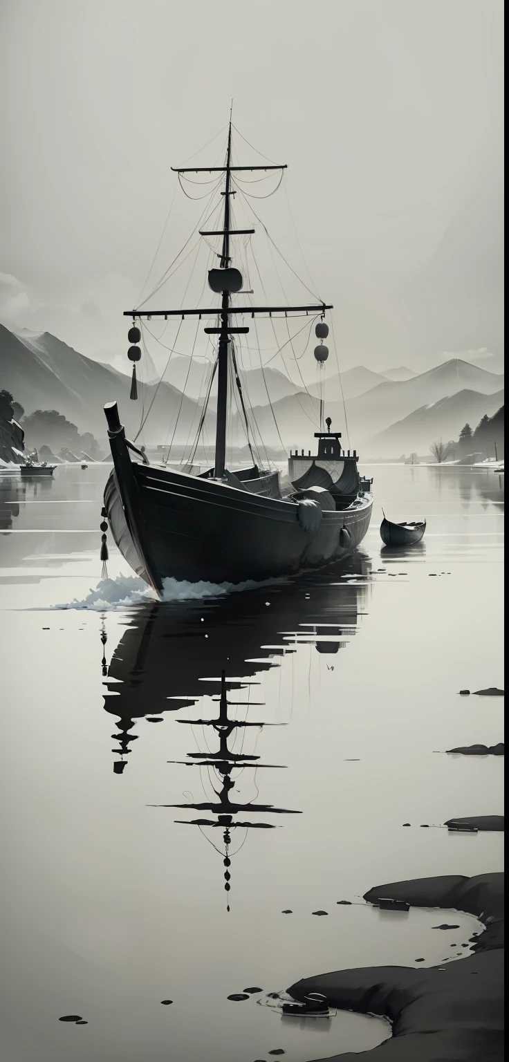 Black and white Chinese ink painting,water ink,ink,Smudge,Lonely boats,Fishing alone in the cold river snow,Empty river,Ethereal breath,Beautiful artistic conception,Ancient Chinese poetry