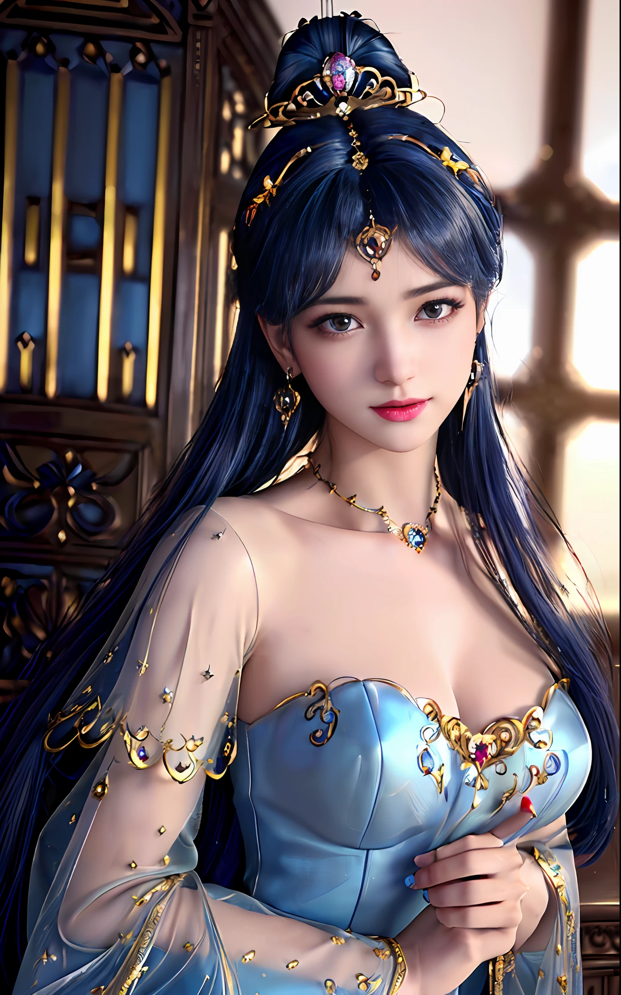 ((realisticity: 1.2)), ((best resolution: 8K UHD)), best quality,masterpiece,highres,cg,
((1 super detailed and super realistic girl)), ((very beautiful queen dazzling, super realistic, and super detailed)),((white skin, beautiful, smooth, youthful, super realistic and super detailed
)), long hair, ((super realistic and super detailed dress)), solo, ((super realistic, super beautiful, gorgeous and super detailed jewelry)), ((super beautiful, super realistic and super detailed dark blue and golden yellow dress)),
((super beautiful, super realistic, super detailed diamond filled earrings)),
  ((super beautiful, super realistic and super detailed diamond filled hair ornament)), ((super beautiful upper body, super beautiful, super realistic and super detailed)), ((big breasts: 2.5)), 
((super grand, super realistic and super detailed royal palace backgroun))
((super beautiful, super beautiful, super realistic and super detailed hair bun)), ((super beautiful, super realistic and super detailed blue hair)),
candid, Photograph, high resolution, 8k,Bokeh,