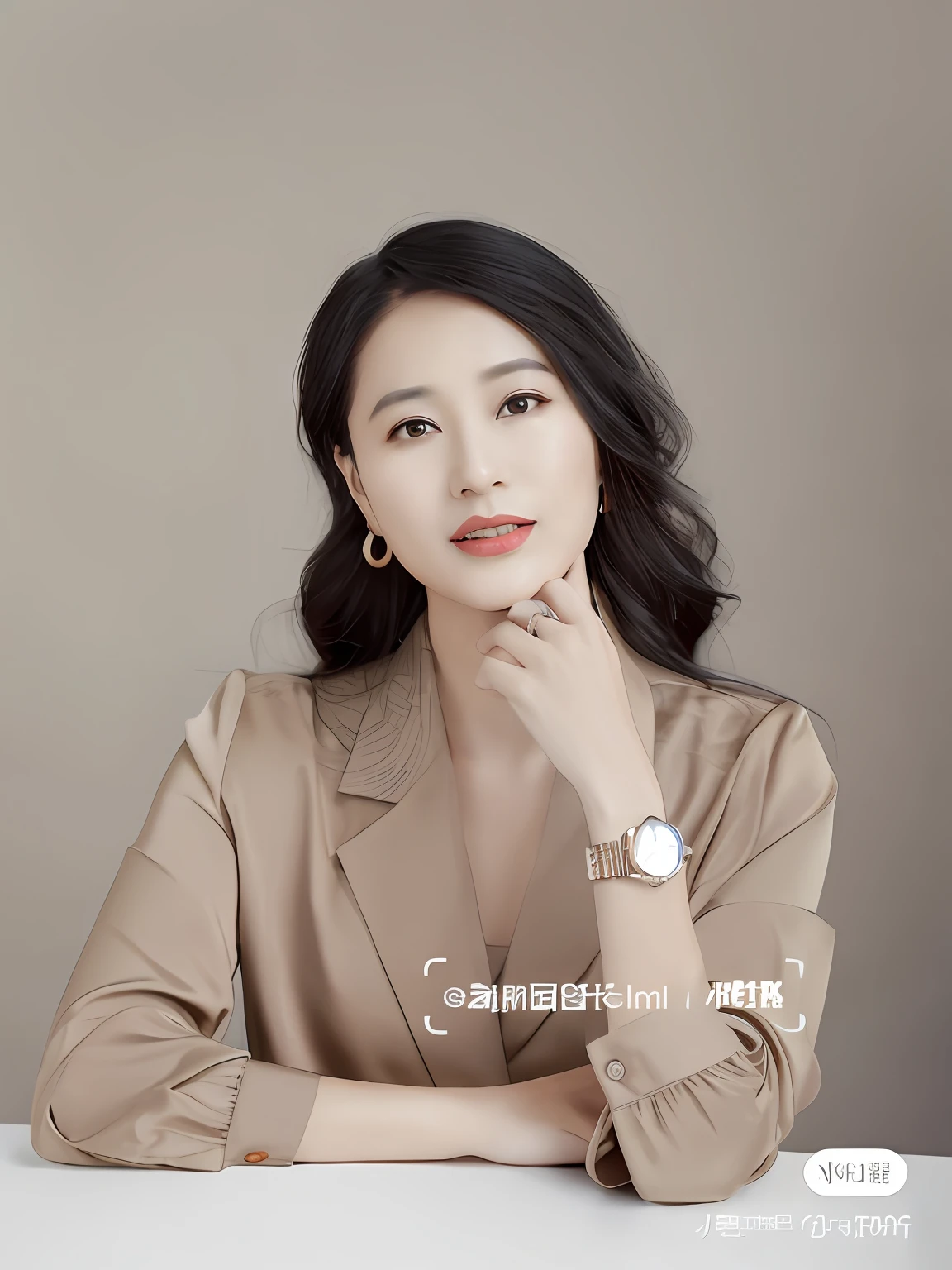 A woman in a tan suit sits at a table，Watch in hand, Inspired by Tang Yifen, inspired by Yao Tingmei, Inspired by Huang Ji, inspired by Cheng Jiasui,  inspired by Zhang Yin, Inspired by Xie He,