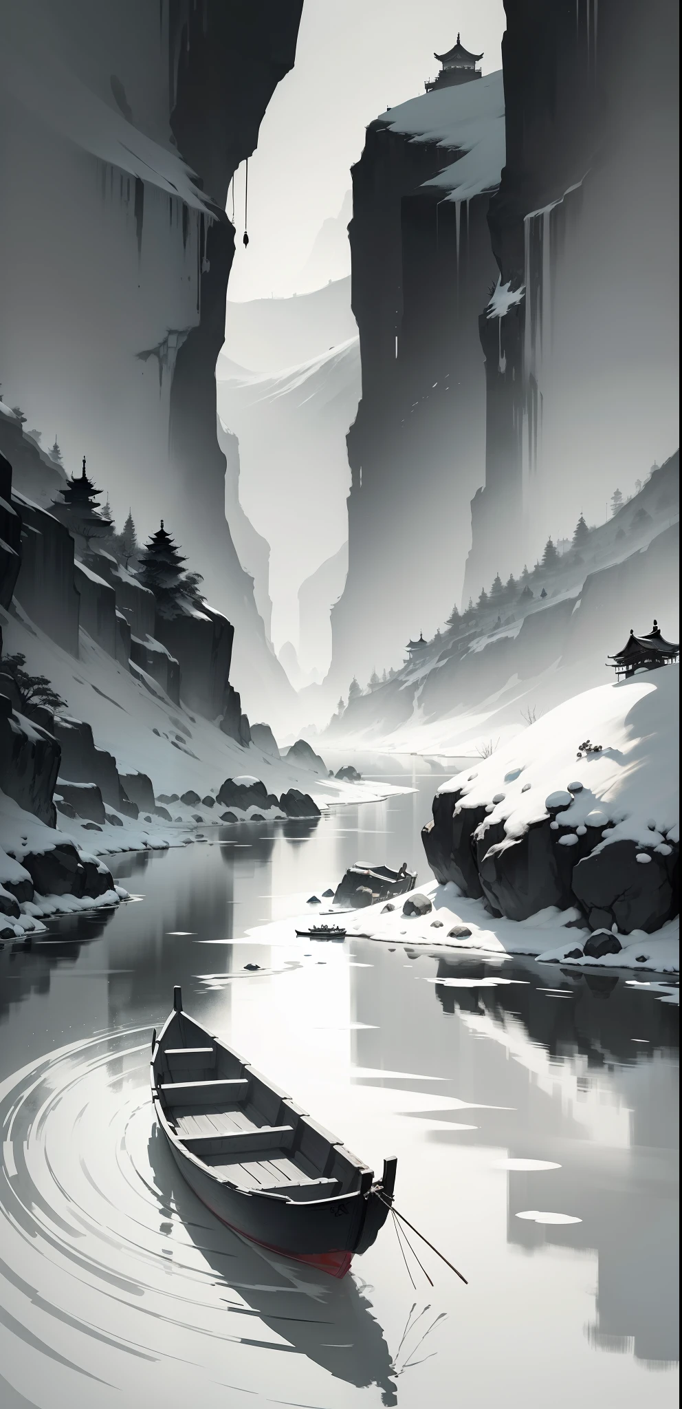 Black and white Chinese ink painting，water ink，ink，Smudge，Lonely boats，Fishing alone in the cold river snow，Ancient Chinese poetry