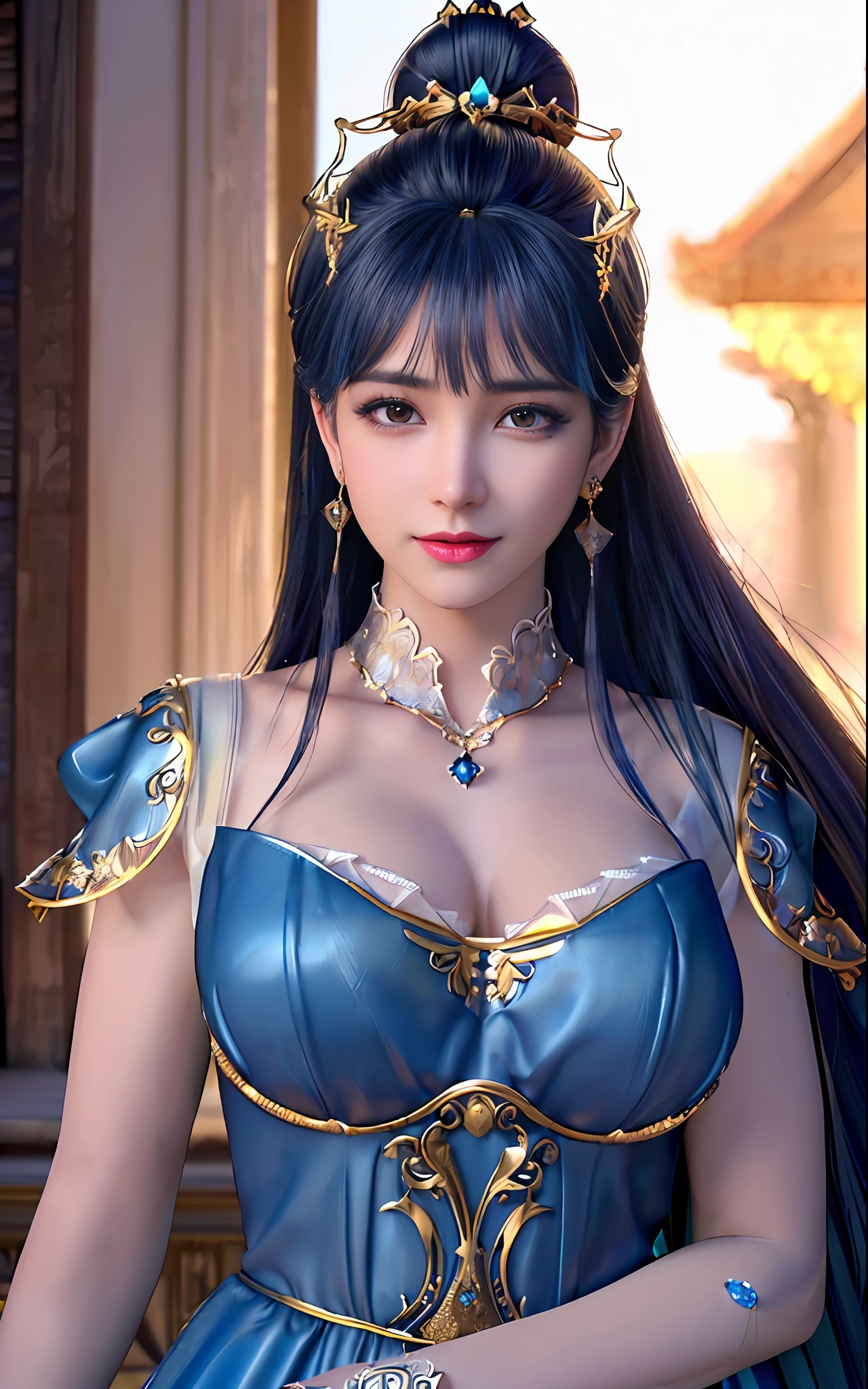 ((realisticity: 1.2)), ((best resolution: 8K UHD)), best quality,masterpiece,highres,cg,
((1 super detailed and super realistic girl)), ((very beautiful queen dazzling, super realistic, and super detailed)),((white skin, beautiful, smooth, youthful, super realistic and super detailed
)), long hair, ((super realistic and super detailed dress)), solo, ((super realistic, super beautiful, gorgeous and super detailed jewelry)), ((super beautiful, super realistic and super detailed dark blue and golden yellow dress)),
((super beautiful, super realistic, super detailed diamond filled earrings)),
((super beautiful, super realistic and super detailed diamond filled hair ornament)), ((super beautiful upper body, super beautiful, super realistic and super detailed)), ((big breasts: 2.5)),
((super grand, super realistic and super detailed royal palace backgroun))
((super beautiful, super beautiful, super realistic and super detailed hair bun)), ((super beautiful, super realistic and super detailed blue hair)),
candid, Photograph, high resolution, 8k,Bokeh,