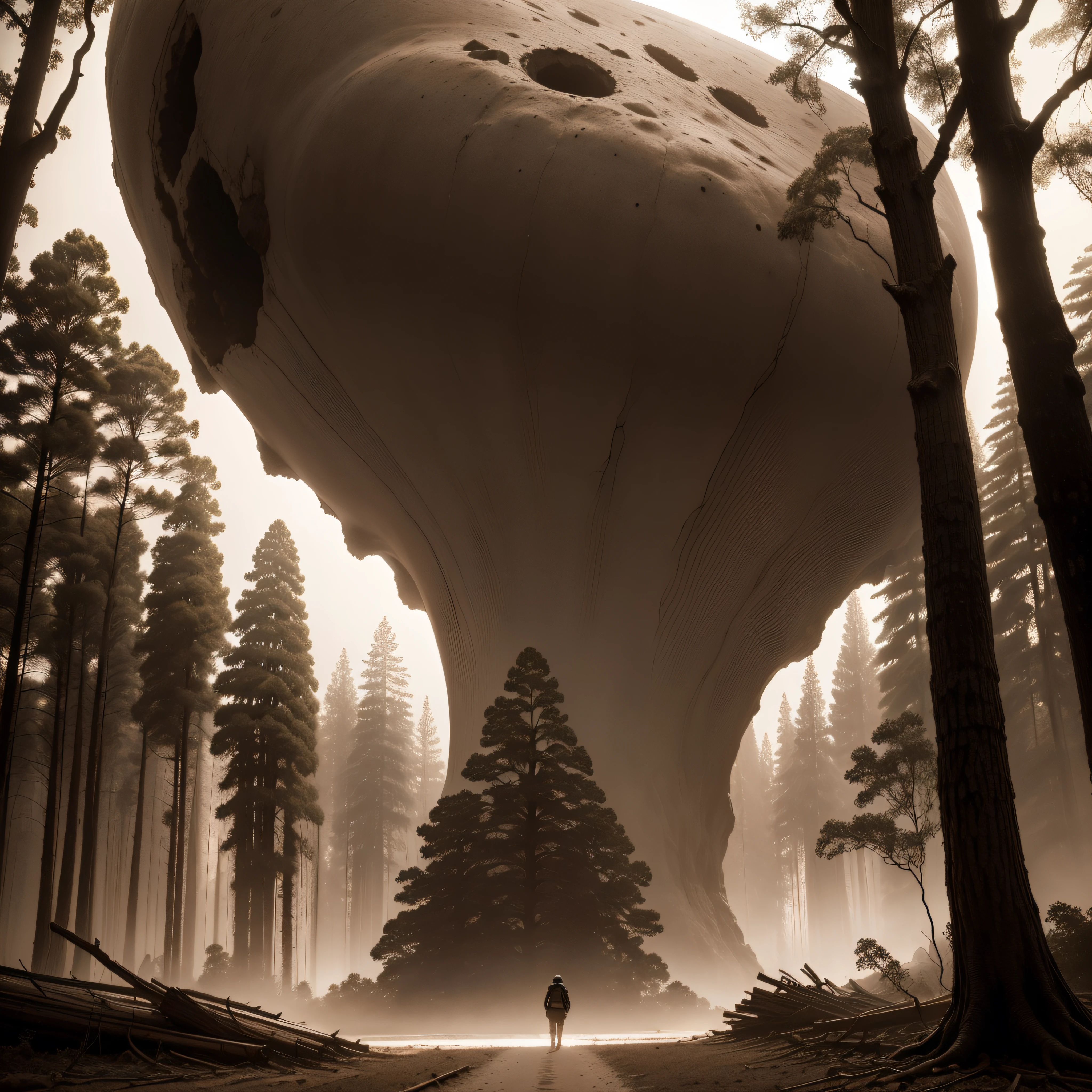 (extremadamente detallado, obra maestra, La mejor calidad, Tono sepia), un hombre con un hacha camina por un bosque. meteorito en el suelo, Giant crater. burned trees. Escultura barroca en ruinas. Daytime Lighting.