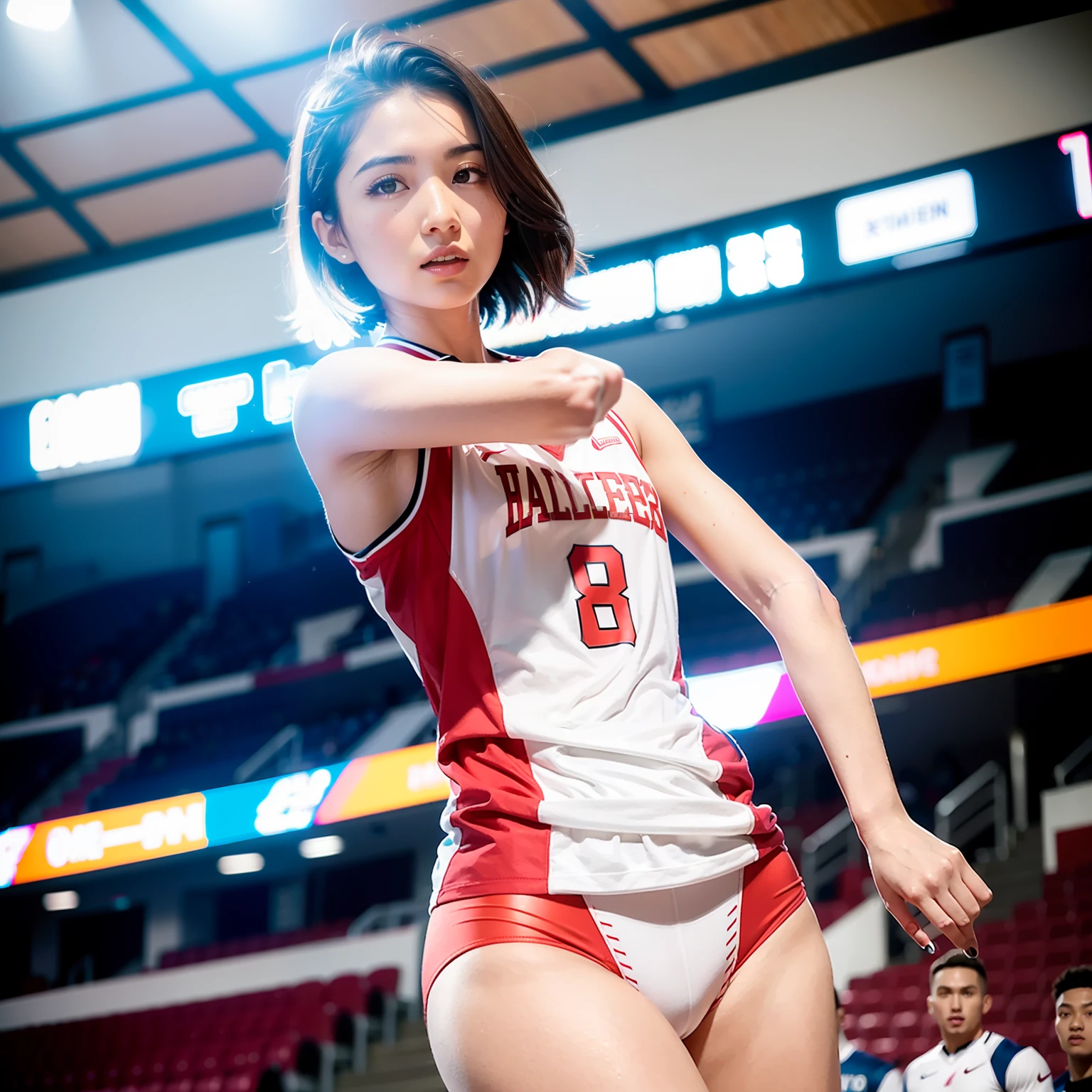 8K分辨率,half-body photo,photorealestic),(1 female,18yr old,(Face fidelity:Sakai Izumi's facial features:1.4,Bones thin face,s delicate face),com rosto detalhado,(Light makeup),Beautiful face,com rosto detalhado,详细的脸,Ultra-fine makeup,Black colored eyes,Short hair micro-curls,(Windswept hair,Messy has layers),Redlip,Fair smooth skin,(Best Skin Type:1.21),mediuml breasts,(Loose men's basketball uniform,((Chest printing:SHOHOKU,Number 10 or number 11))),Tall and tall,Sweating after training,perfect hand,Perfect gripping position,Perfect posture,Ultra-fine clothing material),(expressioness:self-assured,exhilarated,Determination),(Light assist,profesional lighting),(colours:White or red)),(Golden section,Cinema lenses,Hasselblad photograp,tmasterpiece:1.3),(Cold and sexy,athlete,Sporty style,Artis,Official propaganda)