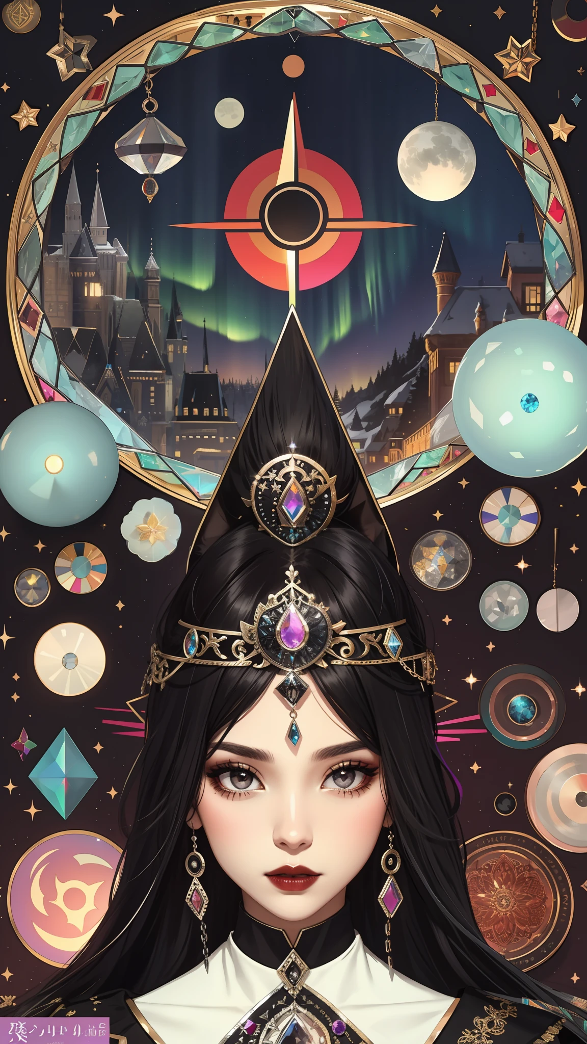 Model: long wavy black hair, full dark lips, Smoky eyes, BREAK, Setting: Room with black color, Broken glass,multicolored neon crystals, BREAK, bodypaint: Polychromatic geometric patterns, Torso cover, Arms and legs, BREAK, Accessories: Chrome-plated chains with torn body, Silver Choker, black feathered white black wings, Naked, Topless, naked body,BREAK, the pose: on a bed, looking forward, truth, Magic, Magic, wolf ears, Wolf, up close, northern lights, spectrum