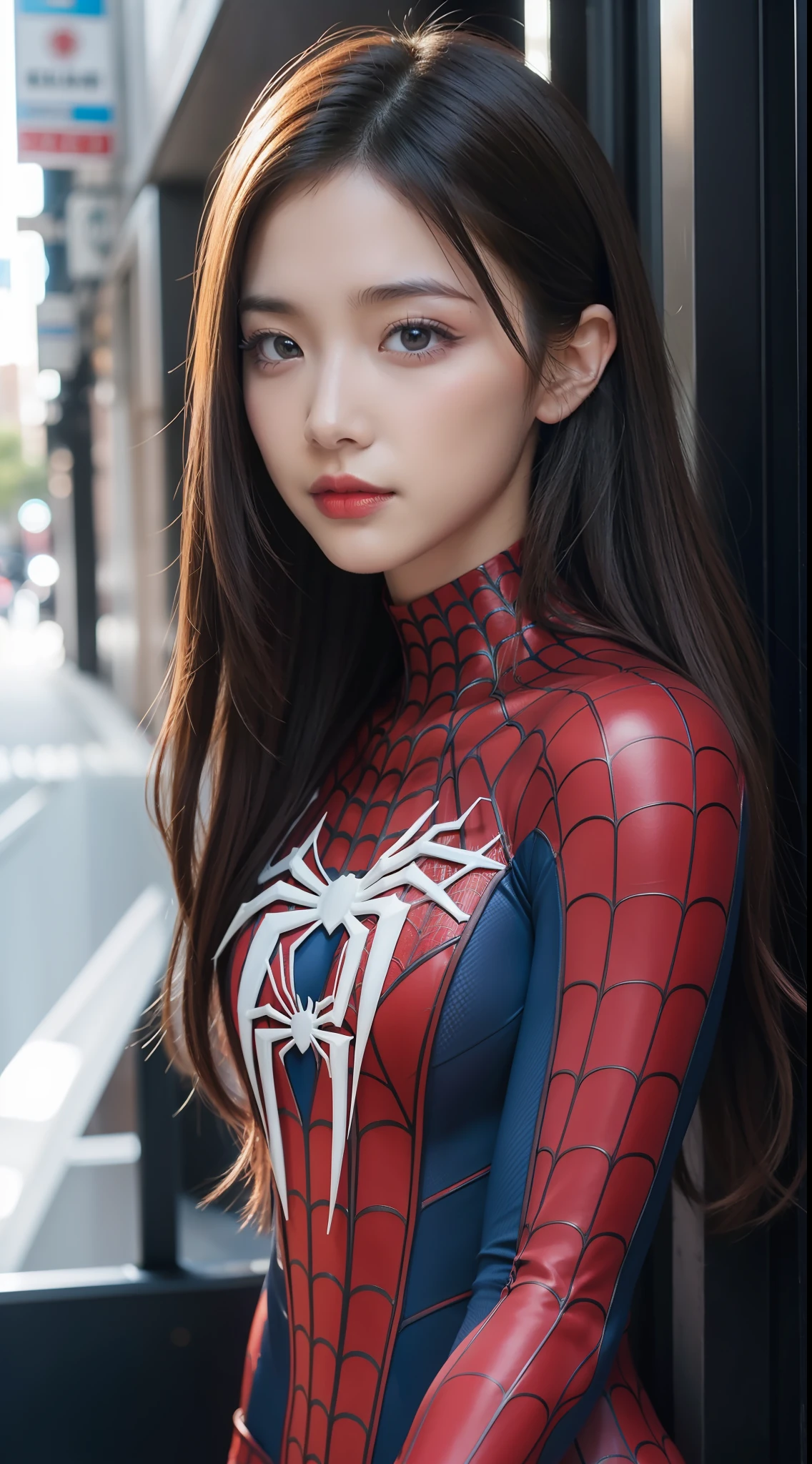 Spiderman suit, beautiful face girl reaslistic, ultra detail