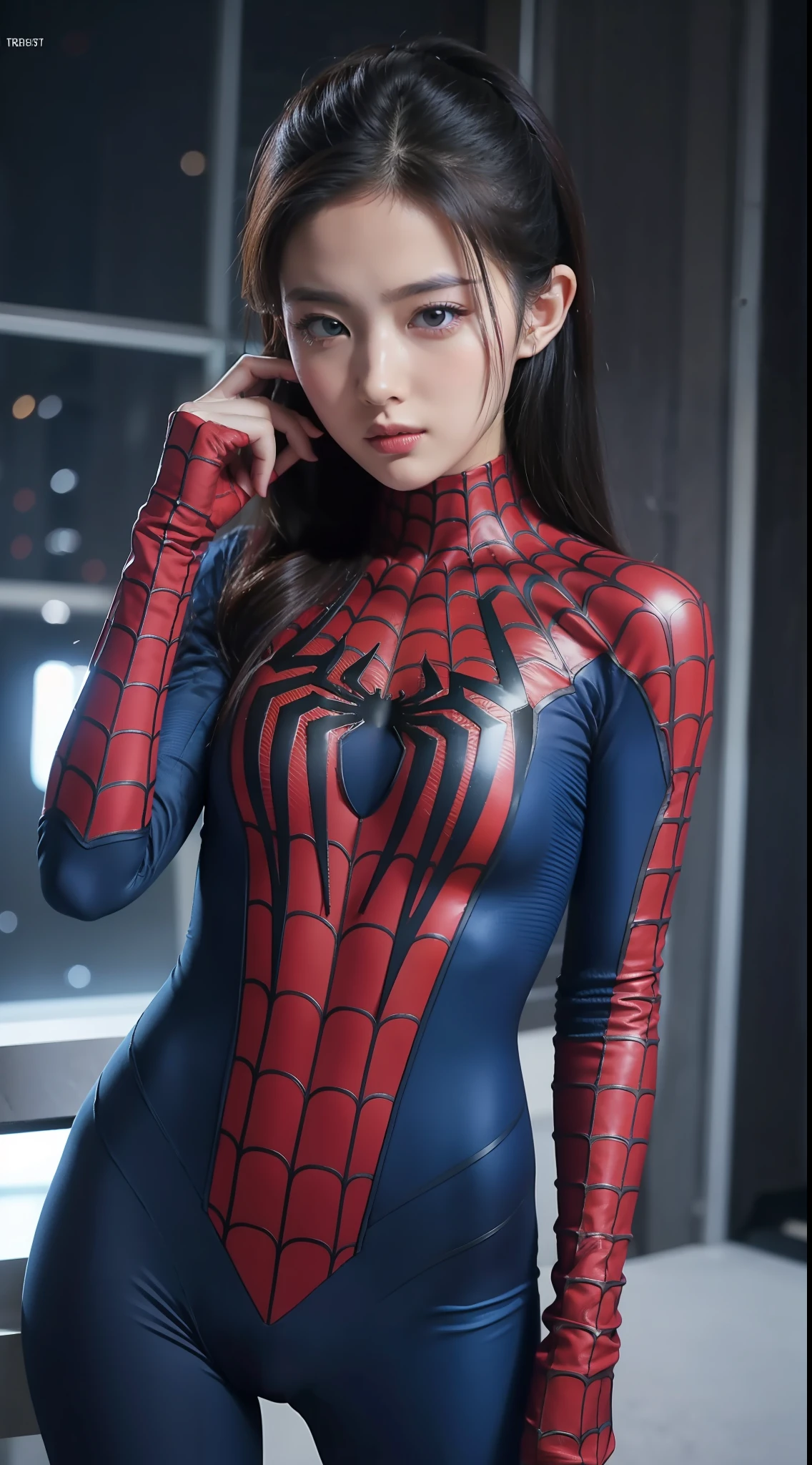 Spiderman suit, beautiful face girl reaslistic, ultra detail