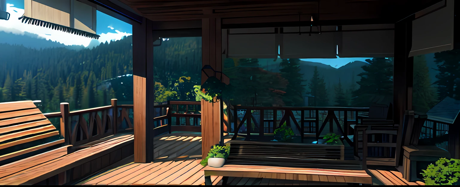 There is a wooden porch with benches and wooden stools, cinematic establishing shot, Unreal Engine 5 environment, atmospheric establishing shot, Wide-angle lens of the cabin interior, shot from cinematic, still frame from a movie, realistic establishing shot, cinematic unreal engine 5, detailed unreal engine 5 render, screenshots from movies, illusory engine，cartoonish style，In the daytime，rich colors vivid