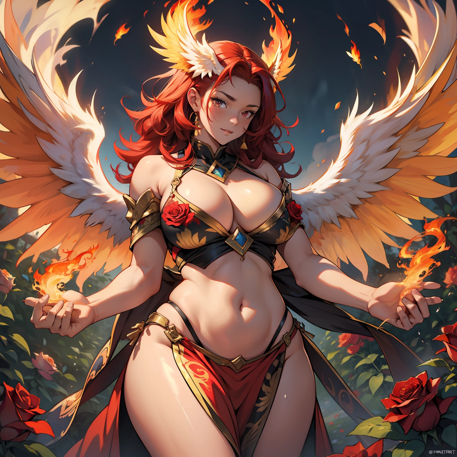 Red Phoenix , beautiful female, chubby, flames on body, huge wings, curly hair, flames, fire, in gardens of roses