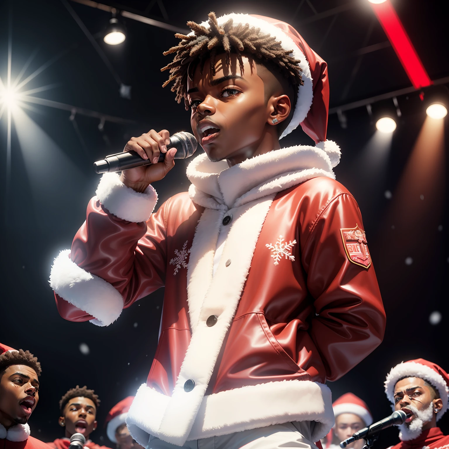 A picture of Lil Nas X singing while holding a microphone in a Santa costume in a snowy Christmas background