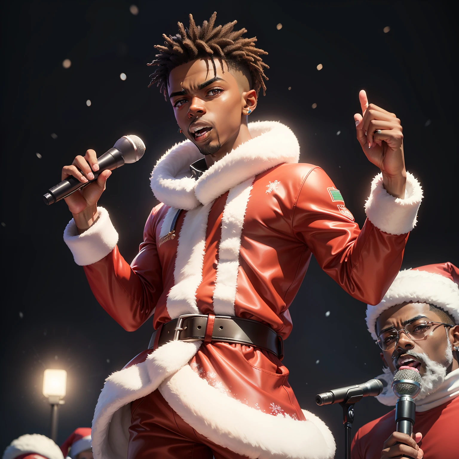 A picture of Lil Nas X singing while holding a microphone in a Santa costume in a snowy Christmas background