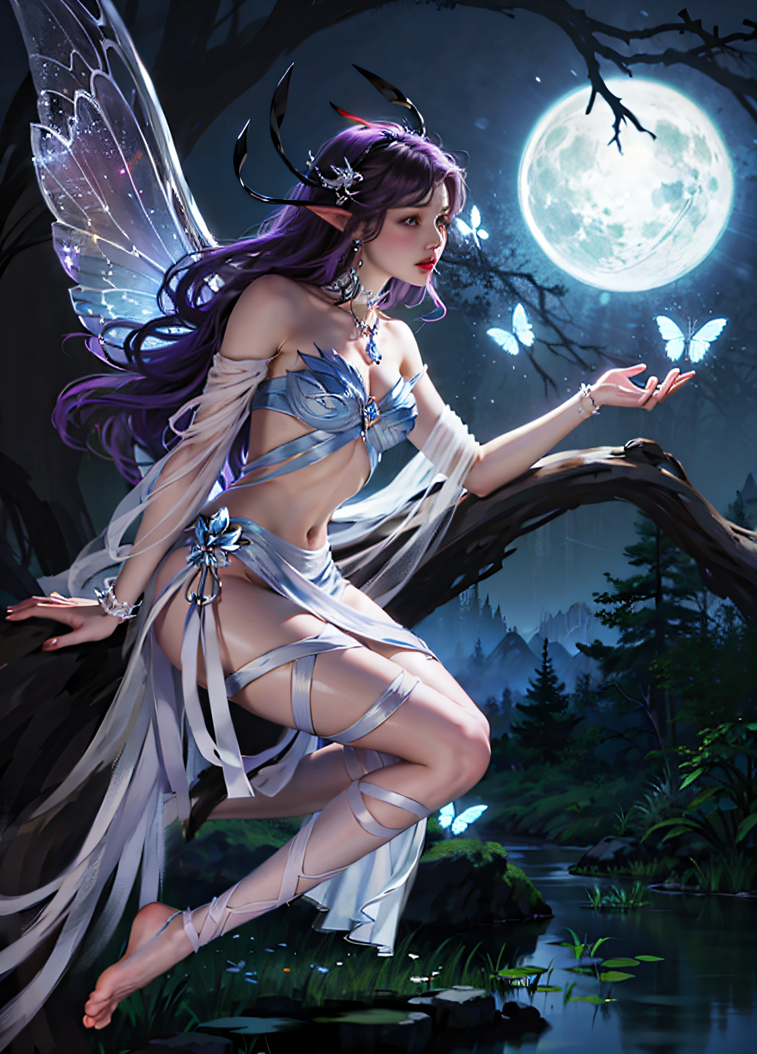Transparent yarn,light yarn,Midsummer Eve,ln the forest,The metal part of the petals on the waist,Bare legged,Full body like,elvish ears,Butterfly-shaped bandeau,Purple streamers, Blonde hair gray,the elf,The tree,the night,The ultimate gemstone detail,Perfect face,Perfect facial features,Beautuful Women,1 Girls dress like they move, tmasterpiece, best qualtiy, 8K, Lifelike,game original painting, Fairy style female, Beautiful female all, Exquisite facial features, intricate clothing details, Slim figure, huge boob, lipstick, Eye makeup, Well-structured facial features, The right light and shadow, Extremely high detail, metal decoration, Reasonable and correct fabric wrinkles, Beautiful hands, Anatomically correct hand, Light and shadow rendering, concept-art, Beautiful woman, Holy, ((((((CharacterDesignSheet))))), High picture quality, Light, Extreme detail ((high qulity)), Beautuful Women,, (Delicate facial features), Moles under the eyes, ((hentail realism)), The light from the back window is backlighted, (high qulity), hyper HD, textureskin, high qulity, high detal, best qualtiy, A high resolution, 1080p