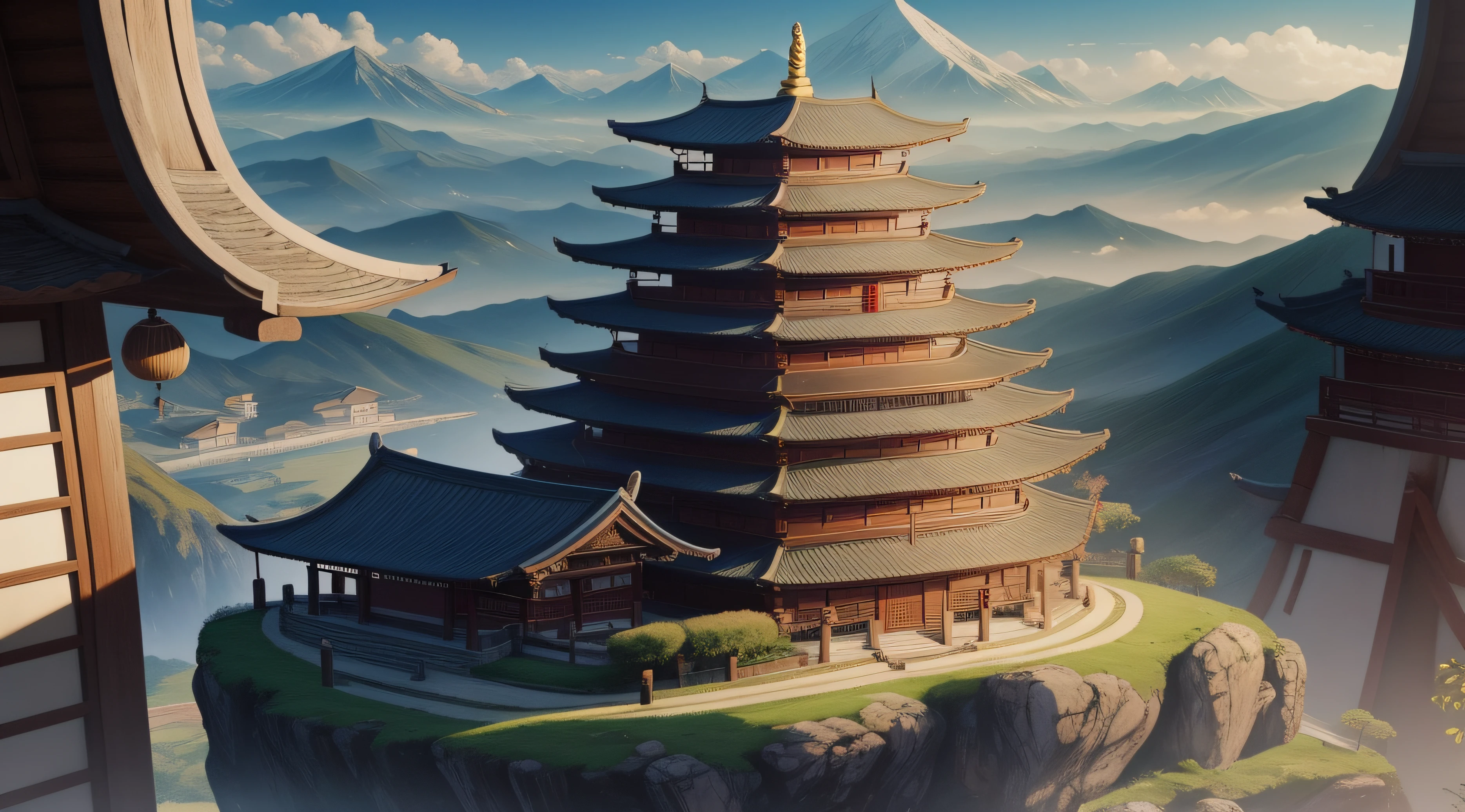 pintura de uma vista de uma cordilheira, cidade chinesa sonhadora, Dinastia Tang, Fantasia chinesa, Fantasia pintura fosca,fofo, Terra dos Sonhos Chinesa, pintura fosca bonita, Fantasia Oriental, beautiful anime scenery, pintura fosca requintada, Fantasia pintura fosca, bela cena de paz anime, dojo em uma montanha, Fundo do templo zen, cena oriental