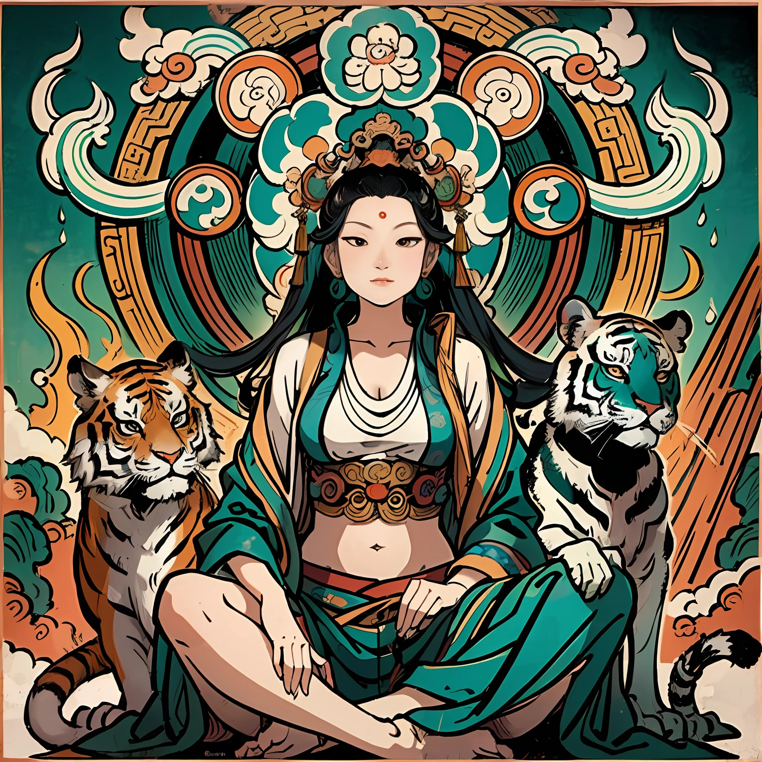 an ancient Chinese goddess, guanyin of the southern seas, Guanyin, Inspired by India, Avalokiteshvara rides a tiger,,Serene expression,shui mo hua,Buddha,Buddhist,Lotus,Chinese painting style,Thangka style