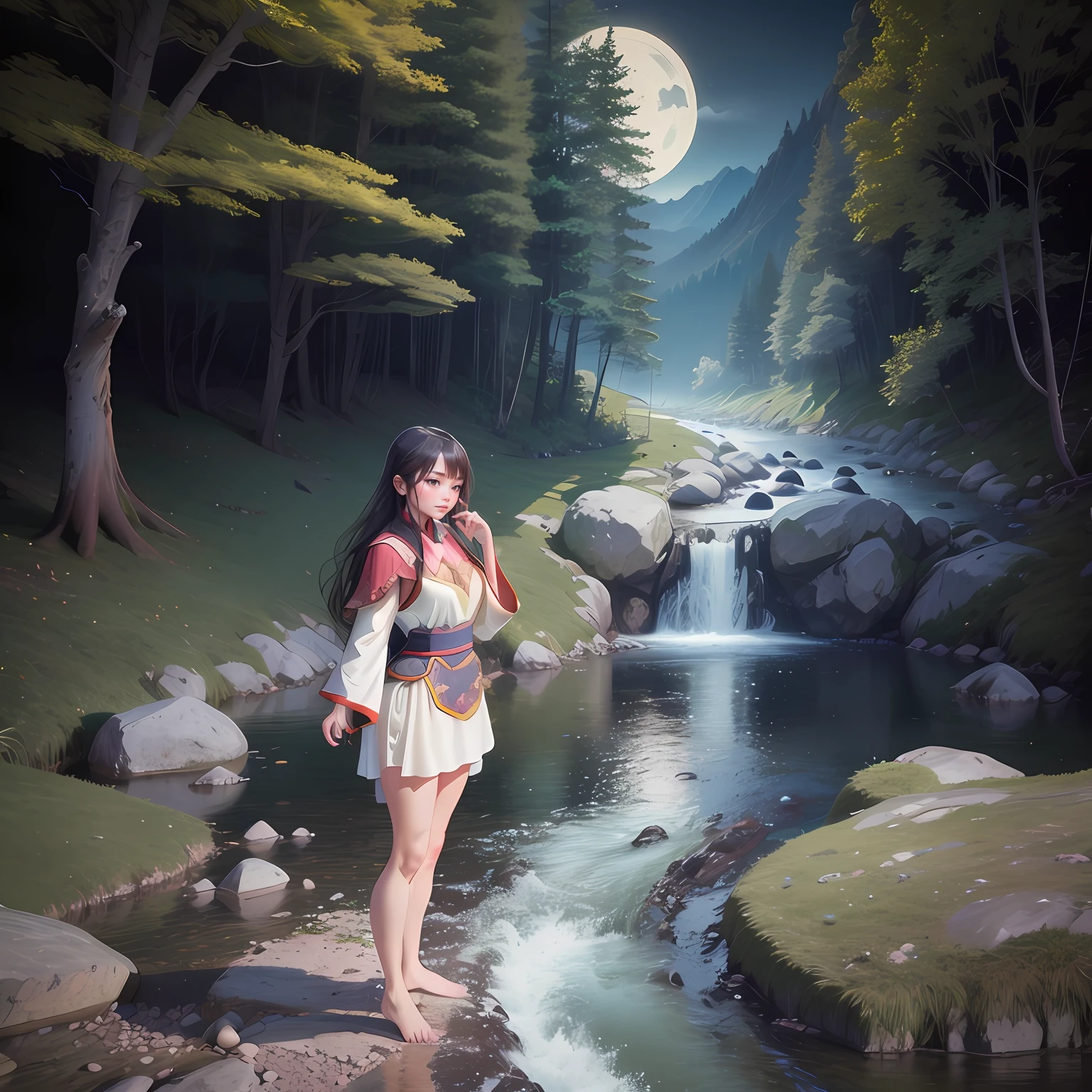 mountain stream，the night，one-girl，The barefoot，ancient Chinese costume