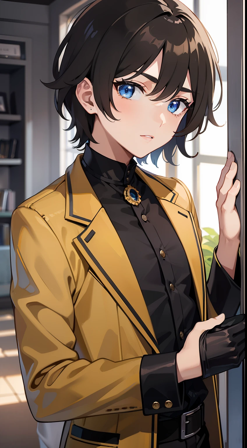Young guy, short brown hair, blue eyes, Black costume, Masterpiece, hiquality