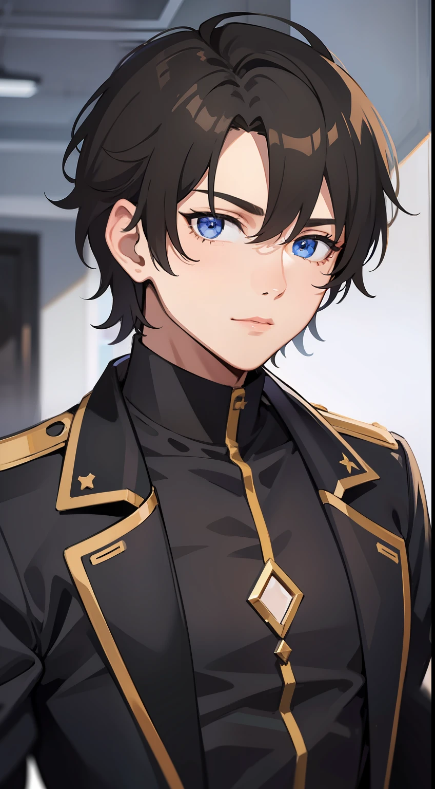 Young guy, short brown hair, blue eyes, Black costume, Masterpiece, hiquality