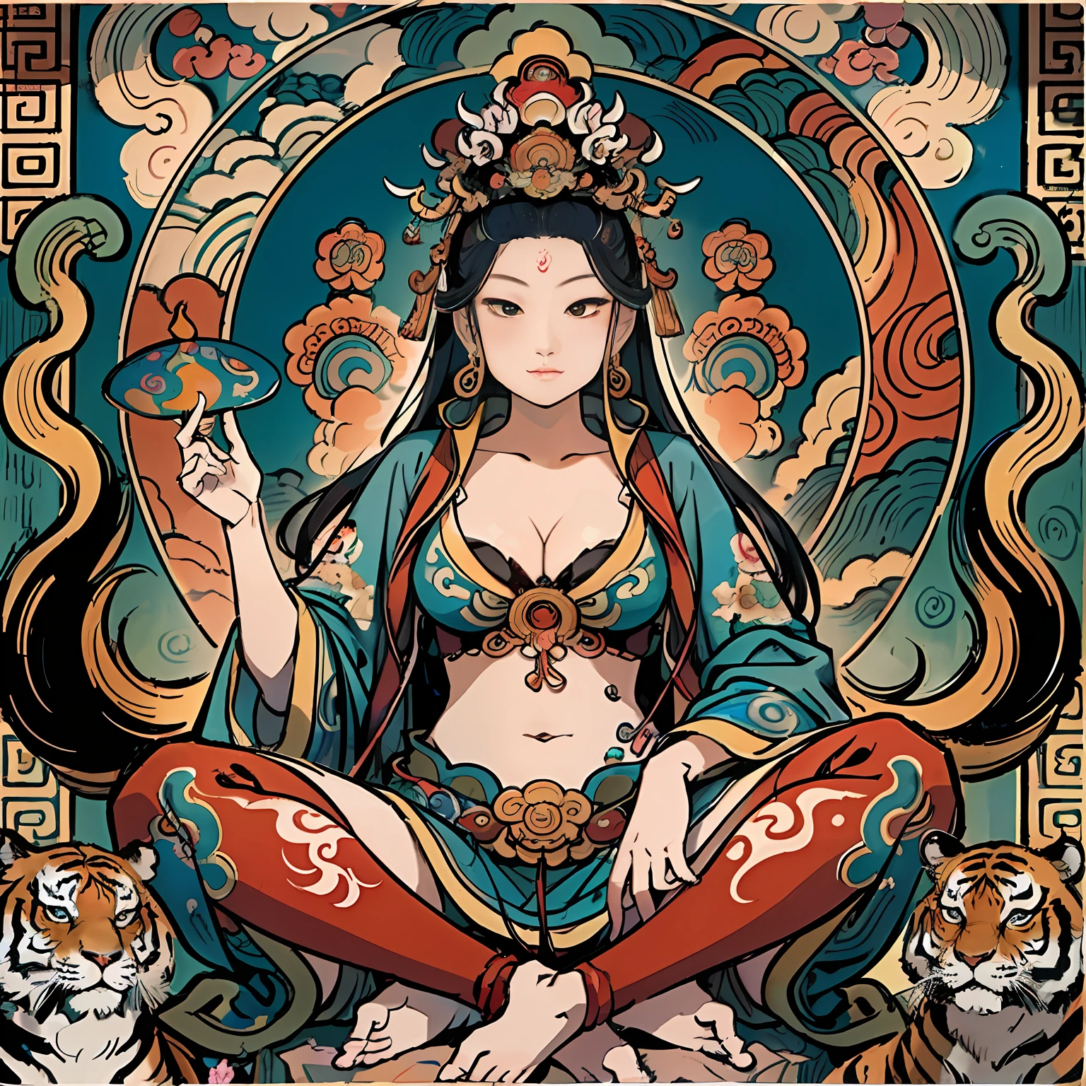 an ancient Chinese goddess, guanyin of the southern seas, Guanyin, Inspired by India, Avalokiteshvara rides a tiger,,Serene expression,shui mo hua,Buddha,Buddhist,Lotus,Chinese painting style,Thangka style