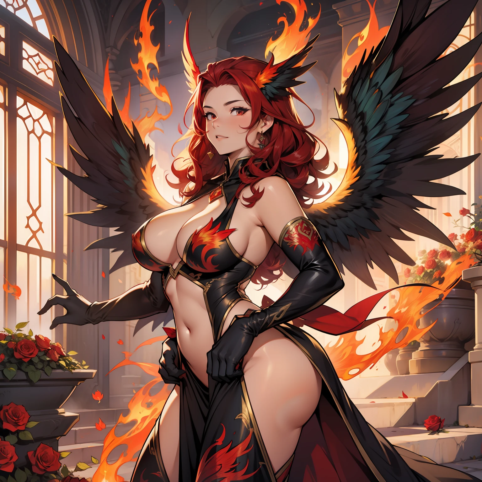 Red Phoenix , beautiful female, chubby, flames on body, huge wings, curly hair, flames, fire, in gardens of roses