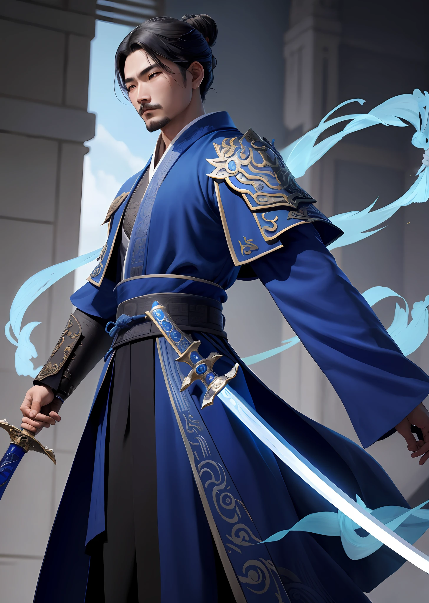 Image of a man in a blue robe holding a sword, cheveux fluides et robes longues, par Yang J, inspired by Guan Daosheng, inspired by Cao Zhibai, inspired by Zhao Yuan, inspired by Zhu Derun, swordsman, inspired by Wu Daozi, inspired by Bian Shoumin, inspired by Huang Shen