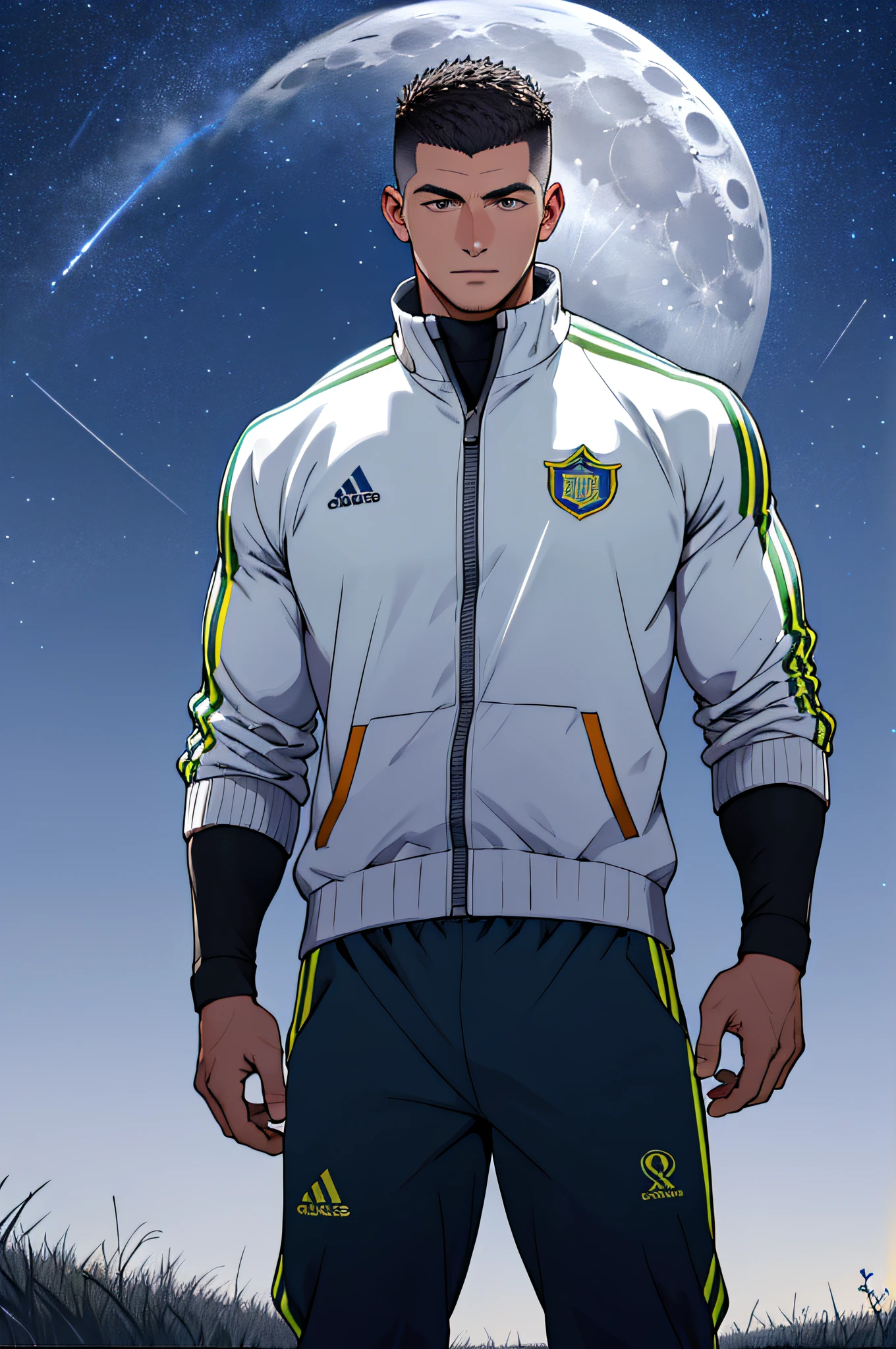 Draw a full-fledged footballer，Standing on the steppe at night，He was wearing a tracksuit，The man looks confident and determined，looking-down，Crew cut，full bodyesbian，Stars dot the sky，shooting from below，Big moon highlights background