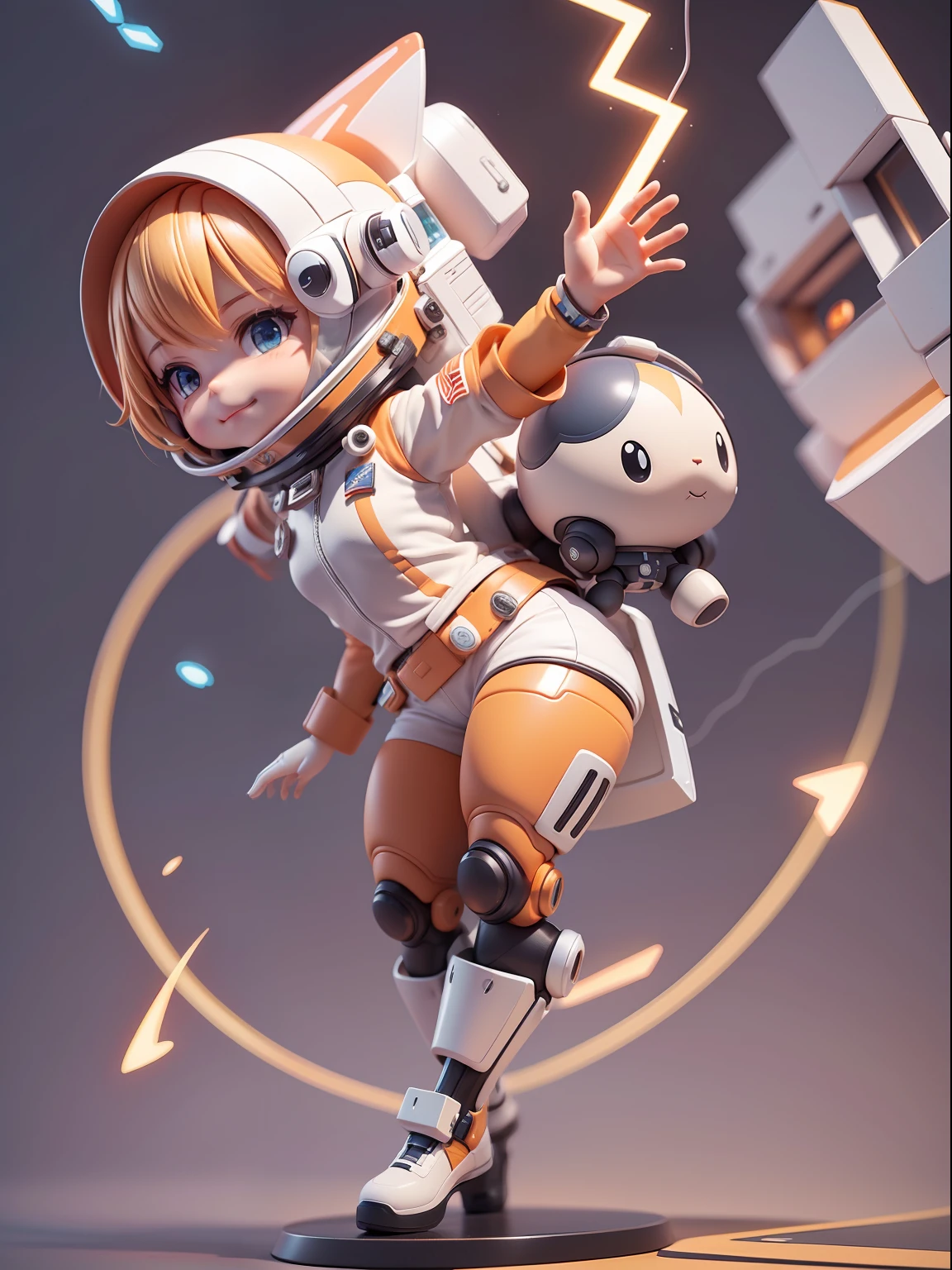 Cute girl ride on spaceship, Smile and cute pose ,Orange and white color, (Cute Astronaut: 1.331), Cute Style, Small, Big Head, 3D Rendering, ((Q Version)), Pokémon style, Machine Style, Cinematic Texture, Figures, Pokémon, Movie Lights, Heavy Robotic Arm, Mechanical Belly, Mechanical Legs, Mechanical Legs, Mechanical Sense, Spinning, Colorful Lightning, Lightning, Cool, Clean White Background, Ray Tracing, Premium Colors, Full Body 3D Model, Action, Stylish Blind Box Toys. (fill body:1.2),chibi