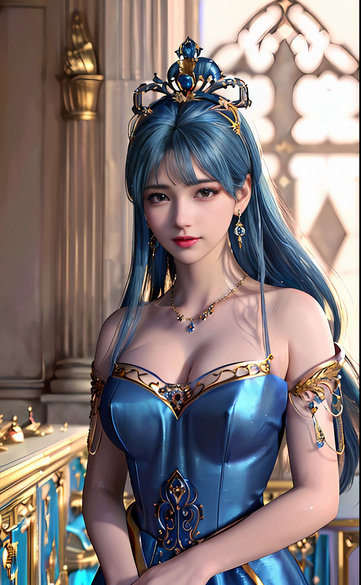 ((realisticity: 1.2)), ((best resolution: 8K UHD)), best quality,masterpiece,highres,cg,
((1 super detailed and super realistic girl)), ((very beautiful queen dazzling, super realistic, and super detailed)),((white skin, beautiful, smooth, youthful, super realistic and super detailed
)), long hair, ((super realistic and super detailed dress)), solo, ((super realistic, super beautiful, gorgeous and super detailed jewelry)), ((super beautiful, super realistic and super detailed dark blue and golden yellow dress)),
((super beautiful, super realistic, super detailed diamond filled earrings)),
  ((super beautiful, super realistic and super detailed diamond filled hair ornament)), ((super beautiful upper body, super beautiful, super realistic and super detailed)), ((big breasts: 2.5)), 
((super grand, super realistic and super detailed royal palace backgroun))
((super beautiful, super beautiful, super realistic and super detailed hair bun)), ((super beautiful, super realistic and super detailed blue hair)),
candid, Photograph, high resolution, 8k,Bokeh,