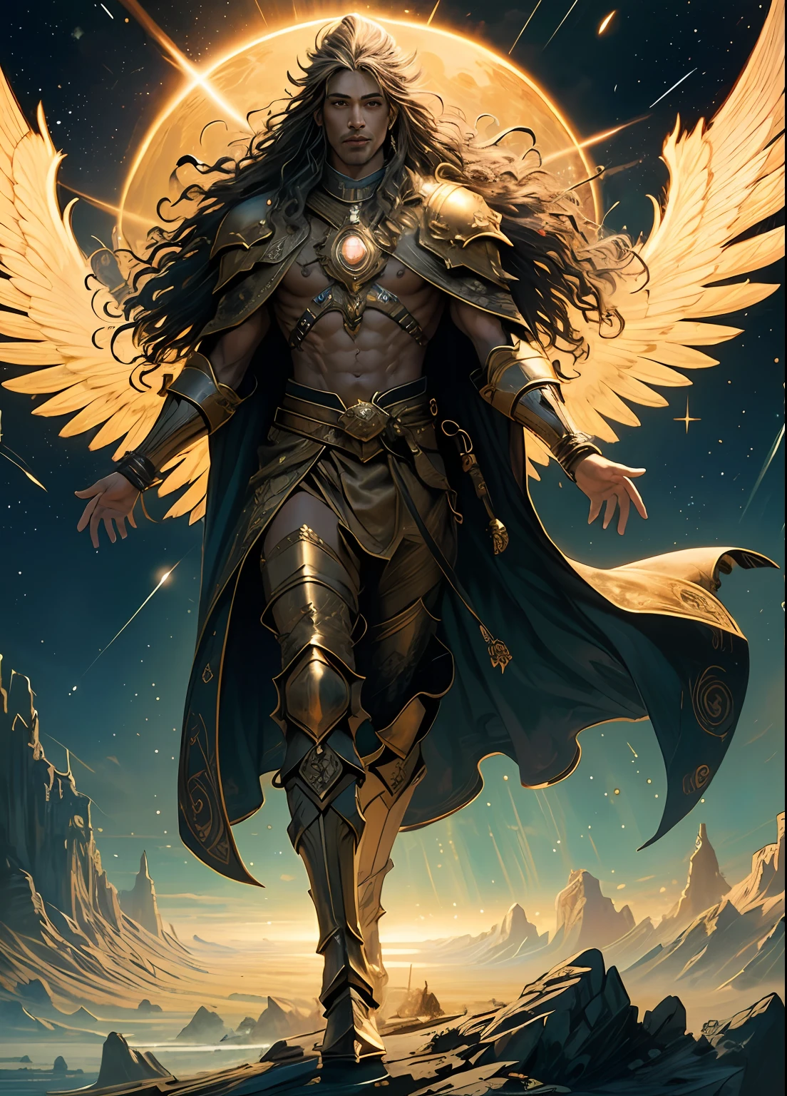 ((Best Quality)), ((Masterpiece)), (Detailed), ember, Brutal man,The First Deity, The Father of the Universe, It has a majestic growth, His figure is tall and stately. His body emits a bright glow, symbolizing its divine origin and eternity. His skin is perfect and flawless, as if created from the purest gold.
He has magnificent facial features, that combine wisdom, Strength and nobility. His eyes, Deep and insightful, sparkle with fiery light, expressing His divine power and incomprehensible knowledge. His eyebrows have a strict shape.
Hair is long and shiny, resemble a shimmering golden thread, which envelops his head. Their movement gives the impression of an endless flow of energy.
He is dressed in luxurious clothes, adorned with precious stones and symbols of the universe. , mystical sky, Moonlit night, soft colors, (detailed cloudscape:1.3), (hight resolution:1.2), ((Masterpiece)), (Best Quality), HDR, ((Masterpiece)), (Best Quality), HDR