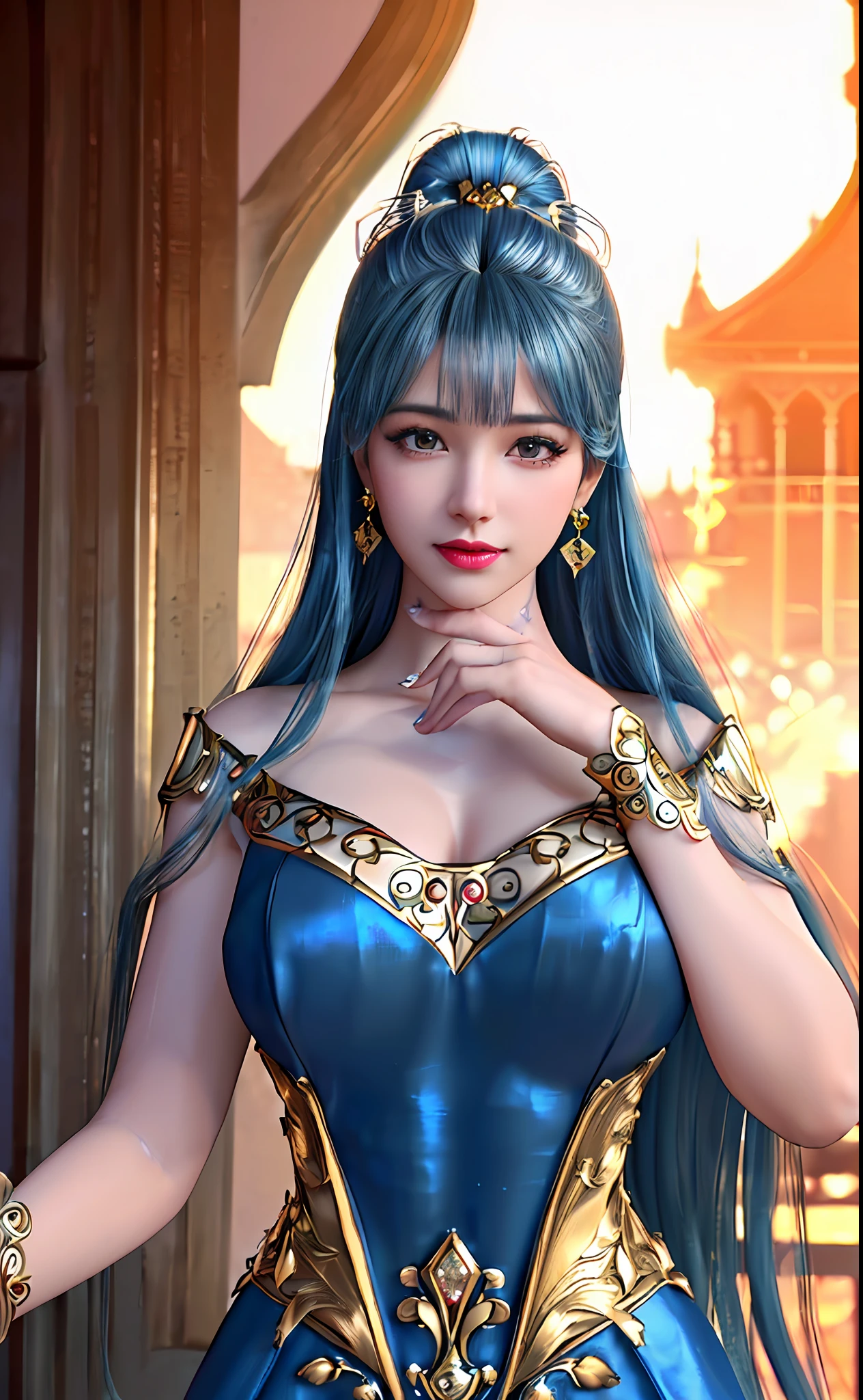 ((realisticity: 1.2)), ((best resolution: 8K UHD)), best quality,masterpiece,highres,cg,
((1 super detailed and super realistic girl)), ((very beautiful queen dazzling, super realistic, and super detailed)),((white skin, beautiful, smooth, youthful, super realistic and super detailed
)), long hair, ((super realistic and super detailed dress)), solo, ((super realistic, super beautiful, gorgeous and super detailed jewelry)), ((super beautiful, super realistic and super detailed dark blue and golden yellow dress)),
((super beautiful, super realistic, super detailed diamond filled earrings)),
((super beautiful, super realistic and super detailed diamond filled hair ornament)), ((super beautiful upper body, super beautiful, super realistic and super detailed)), ((big breasts: 2.5)),
((super grand, super realistic and super detailed royal palace backgroun))
((super beautiful, super beautiful, super realistic and super detailed hair bun)), ((super beautiful, super realistic and super detailed blue hair)),
candid, Photograph, high resolution, 8k,Bokeh,