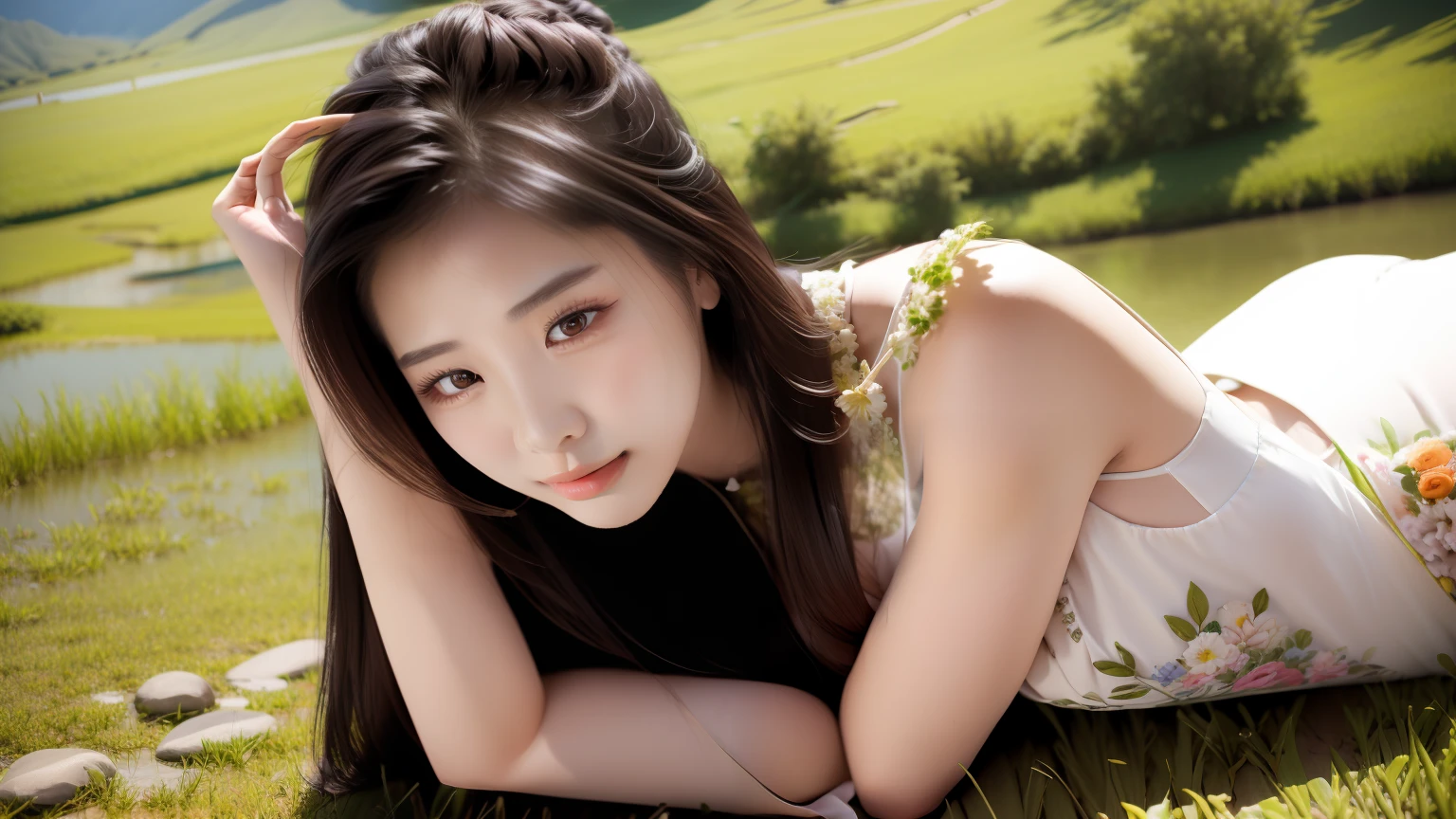 arafed asian woman laying on the grass in a floral dress, beautiful Korean women, Chinese girl, xintong chen, Beautiful young Korean woman, Chinese woman, yanjun cheng, Korean woman, xue han, Gorgeous lady, Gorgeous young Korean woman, Lovely woman, Korean girl, gorgeous chinese models, Beautiful Asian girl, wenfei ye