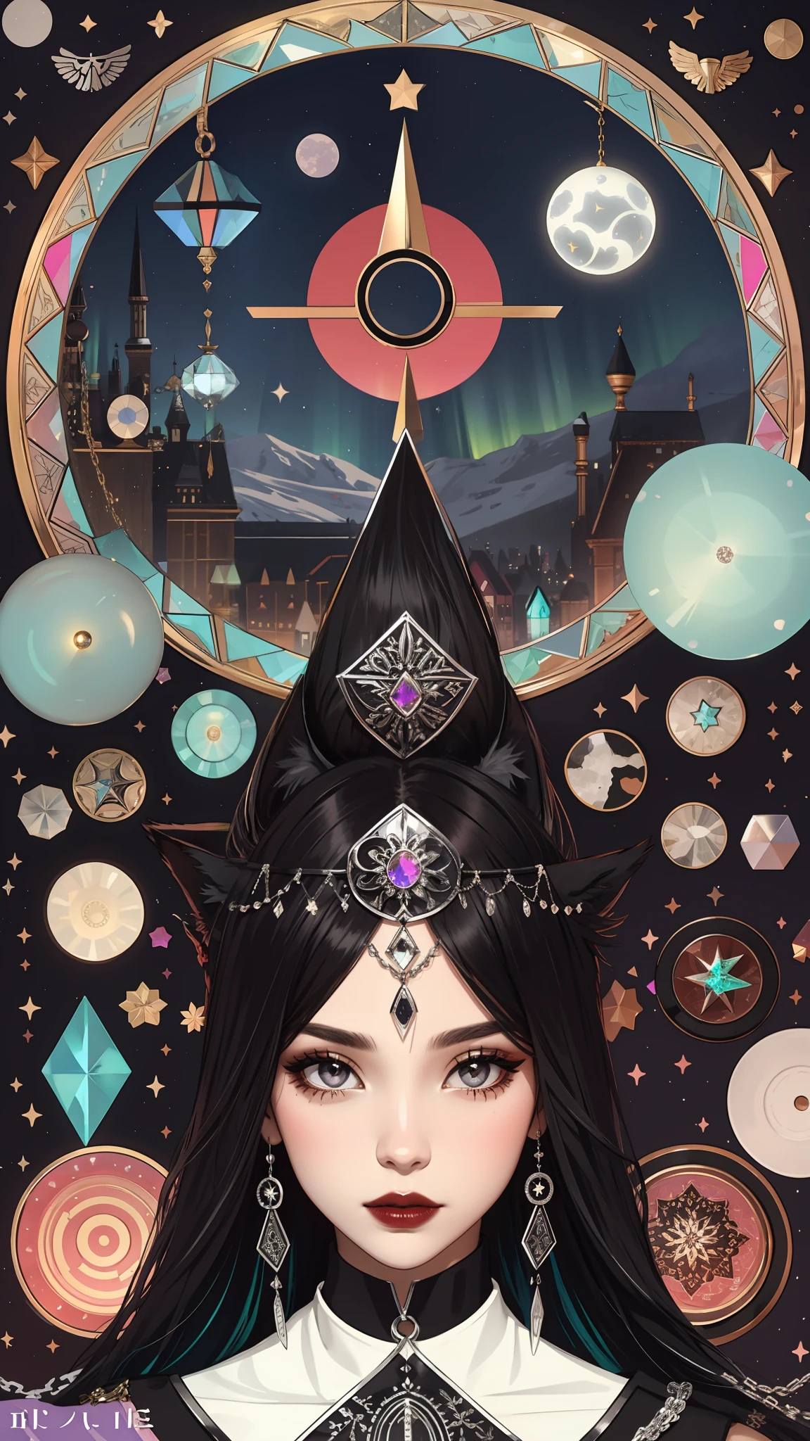 Model: long wavy black hair, full dark lips, Smoky eyes, BREAK, Setting: Room with black color, Broken glass,multicolored neon crystals, BREAK, bodypaint: Polychromatic geometric patterns, Torso cover, Arms and legs, BREAK, Accessories: Chrome-plated chains with torn body, Silver Choker, black feathered white black wings, Naked, Topless, naked body,BREAK, the pose: on a bed, looking forward, truth, Magic, Magic, wolf ears, Wolf, up close, northern lights, spectrum