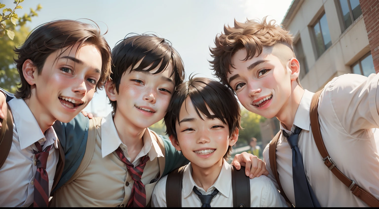 A group of friendly boys smiling in a schoolyard