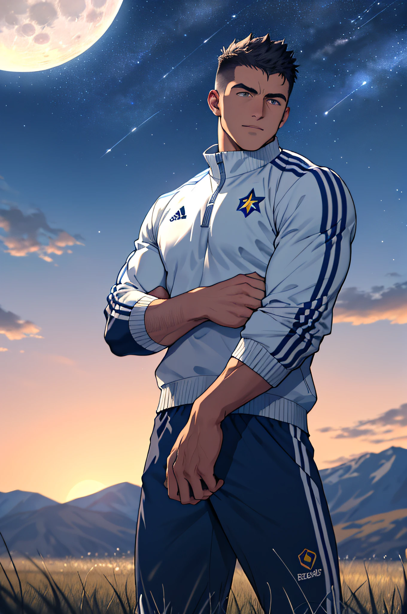Draw a full-fledged footballer,Standing on the steppe at night,He was wearing a tracksuit,The man looks confident and determined,looking-down,Crew cut,full bodyesbian,Stars dot the sky,shooting from below,Big moon highlights background