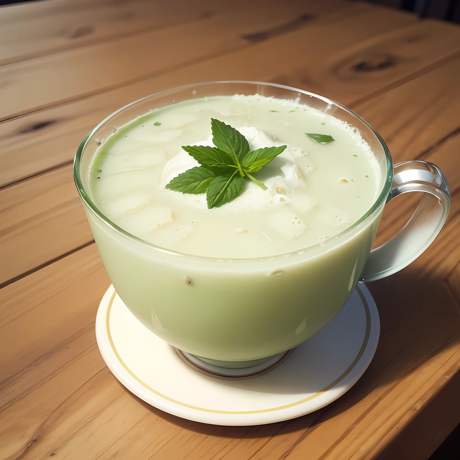 On a table is a beautiful and realistic picture of mint milk green milk tea --auto