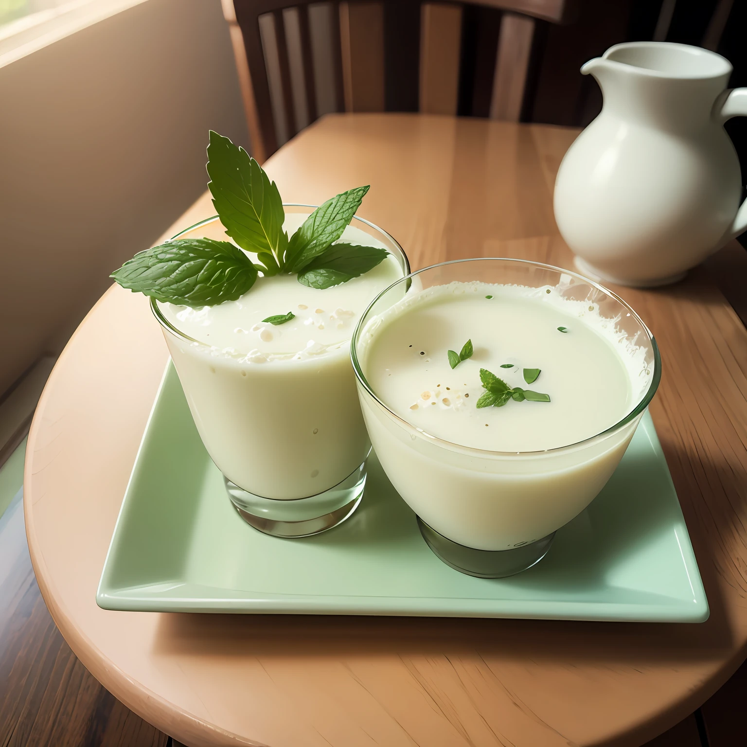 On a table is a beautiful and realistic picture of mint milk green milk tea --auto