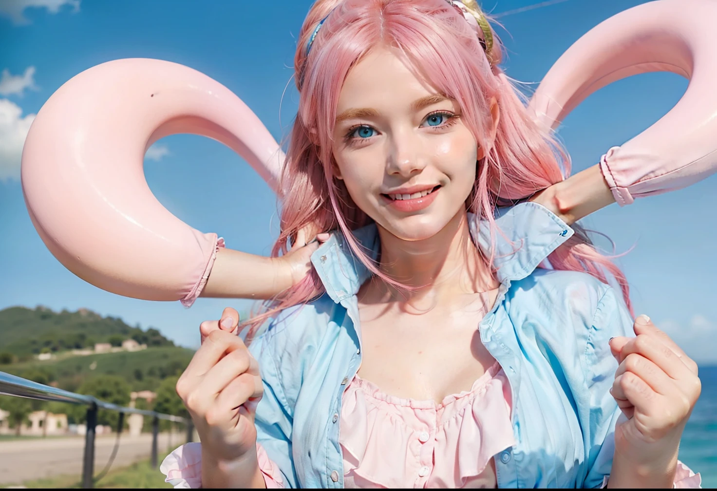 pink hair,blue eye,blue dress,big breats,beatiful girl,smile