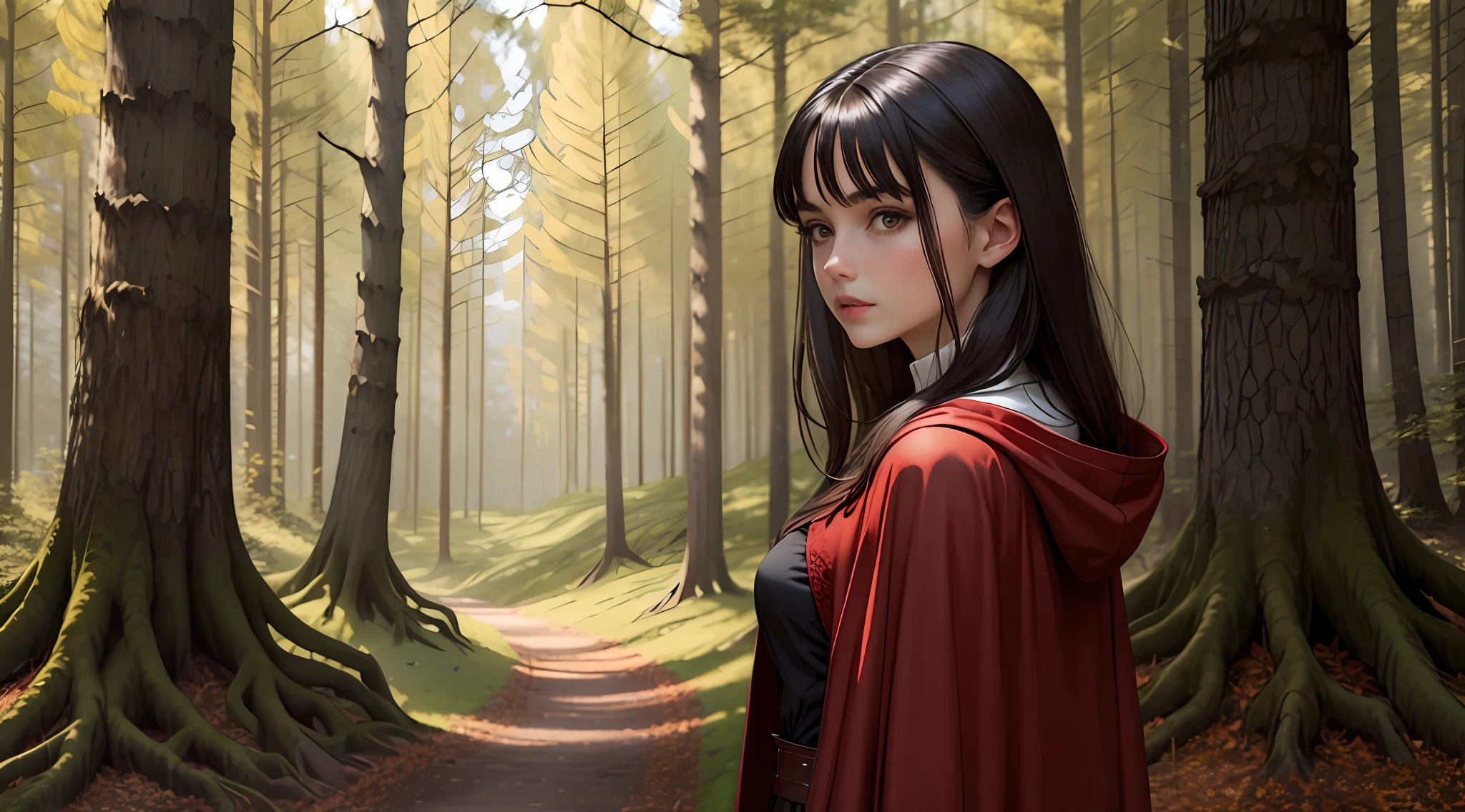 A dark-haired girl in a red cape,at a forest,Fine face,tmasterpiece,Works of masters